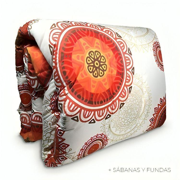 Plumón Estampado + Fundas + Sábanas 2 plazas / Mándalas Salmón - Beige -3