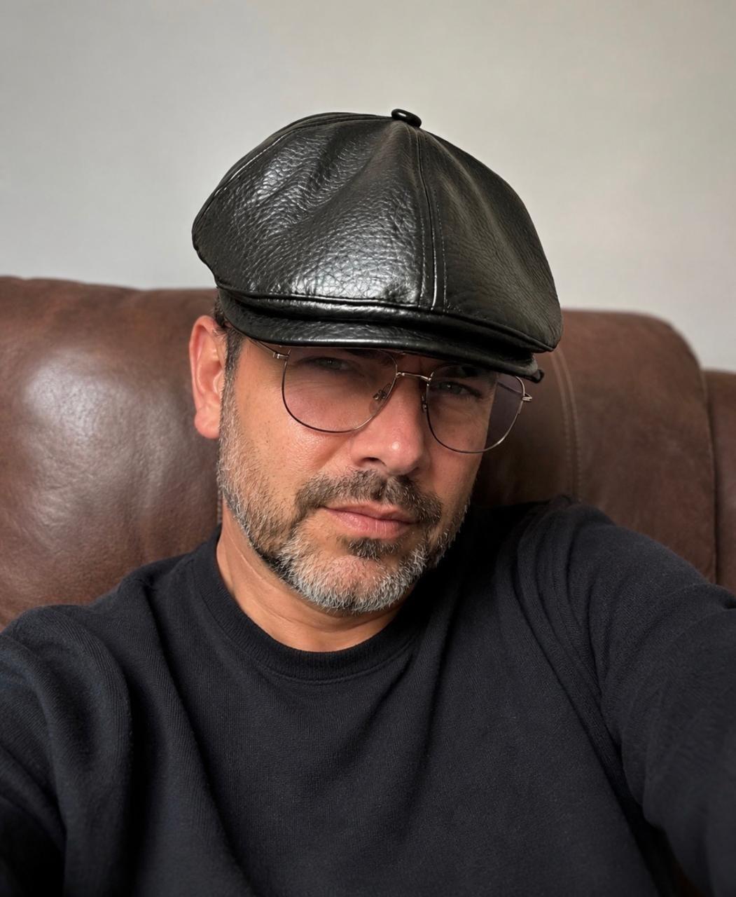 Boina Jockey Hombre Estilo Vintage Cuero PU Negro Elegante-0