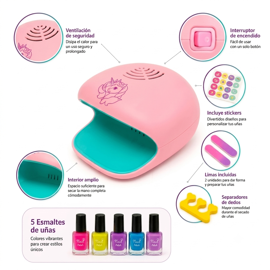 Kit Manicura Infantil Unicornio con Secador De Uñas Con Luz Y Accesorios 9 Pzs-3
