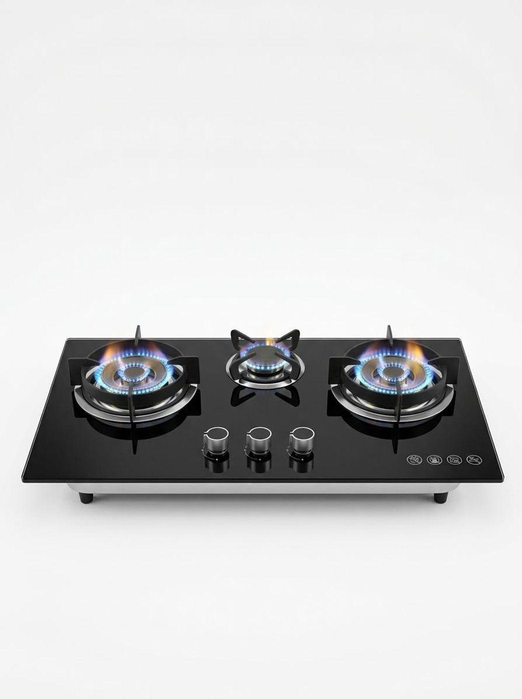 Cocina Encimera A Gas Placa Vidrio Templado 3 Platos Con Chi Negro-1