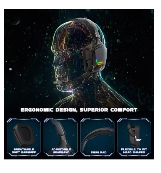 Audífonos gamer Onikuma K20 negro con luz rgb LED-6