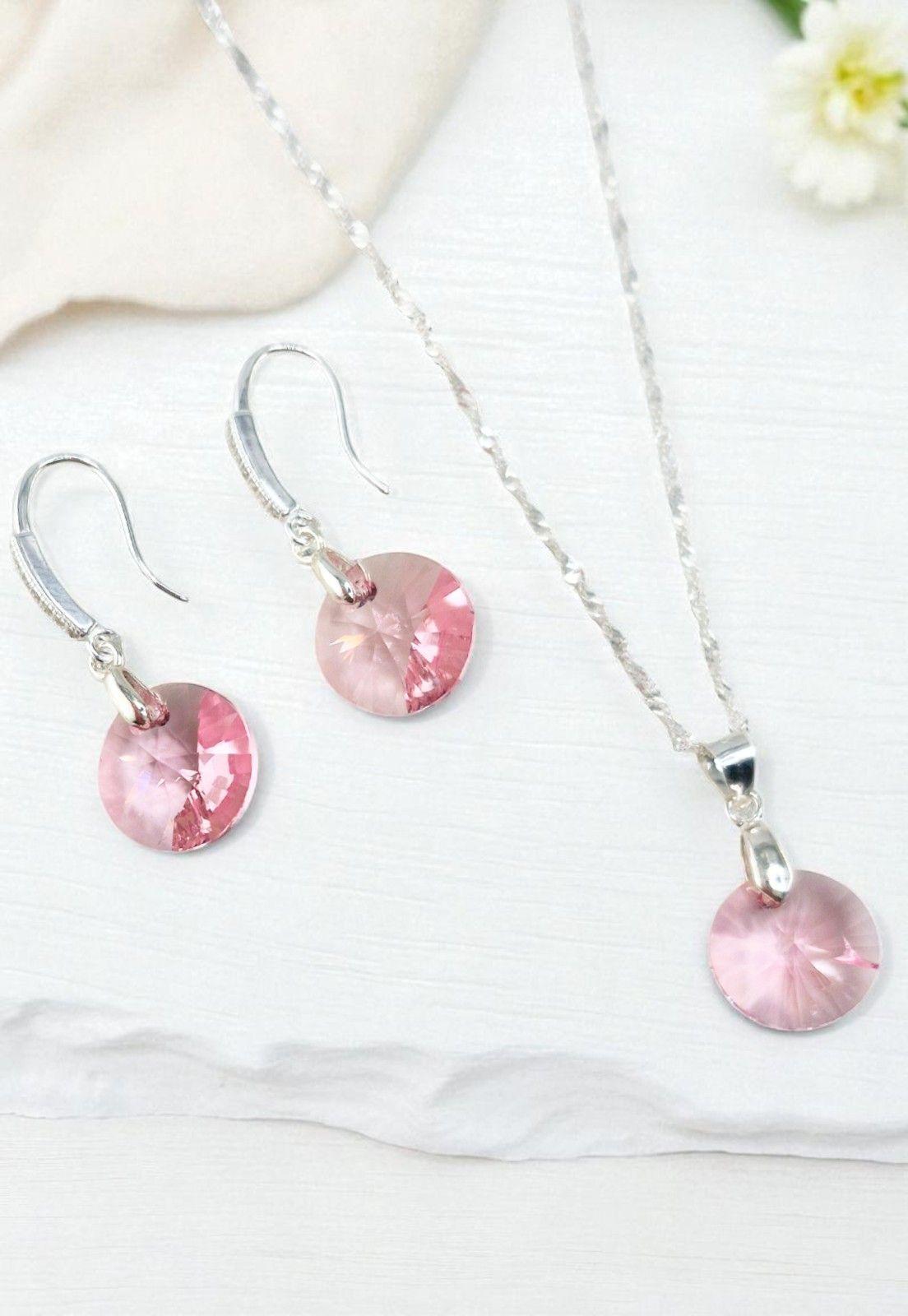 Aros + Collar Conjunto Madrid Plata 925 Cristal Light Rose-2