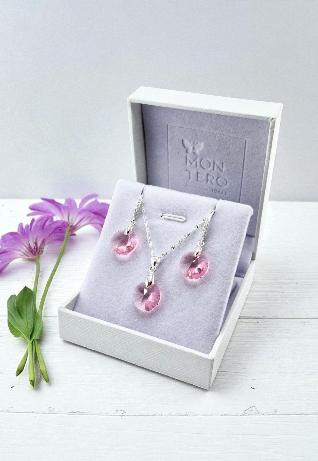 Aros + Collar Conjunto Madrid Plata 925 Cristal Light Rose-3