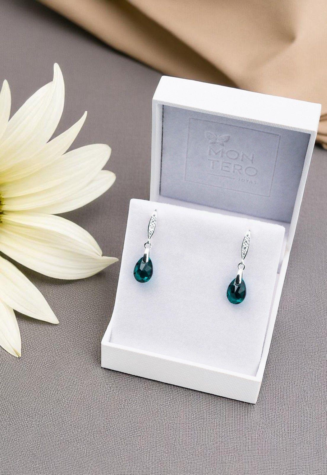 Aros Gota de Luz Plata Italiana 925 Cristal Genuino Emerald -3