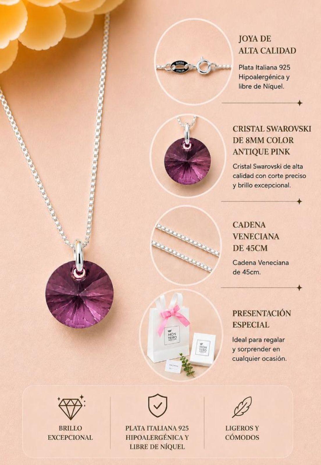 Collar Punto de Luz Plata 925 Cristal Swarovski®  Antique Pink-6