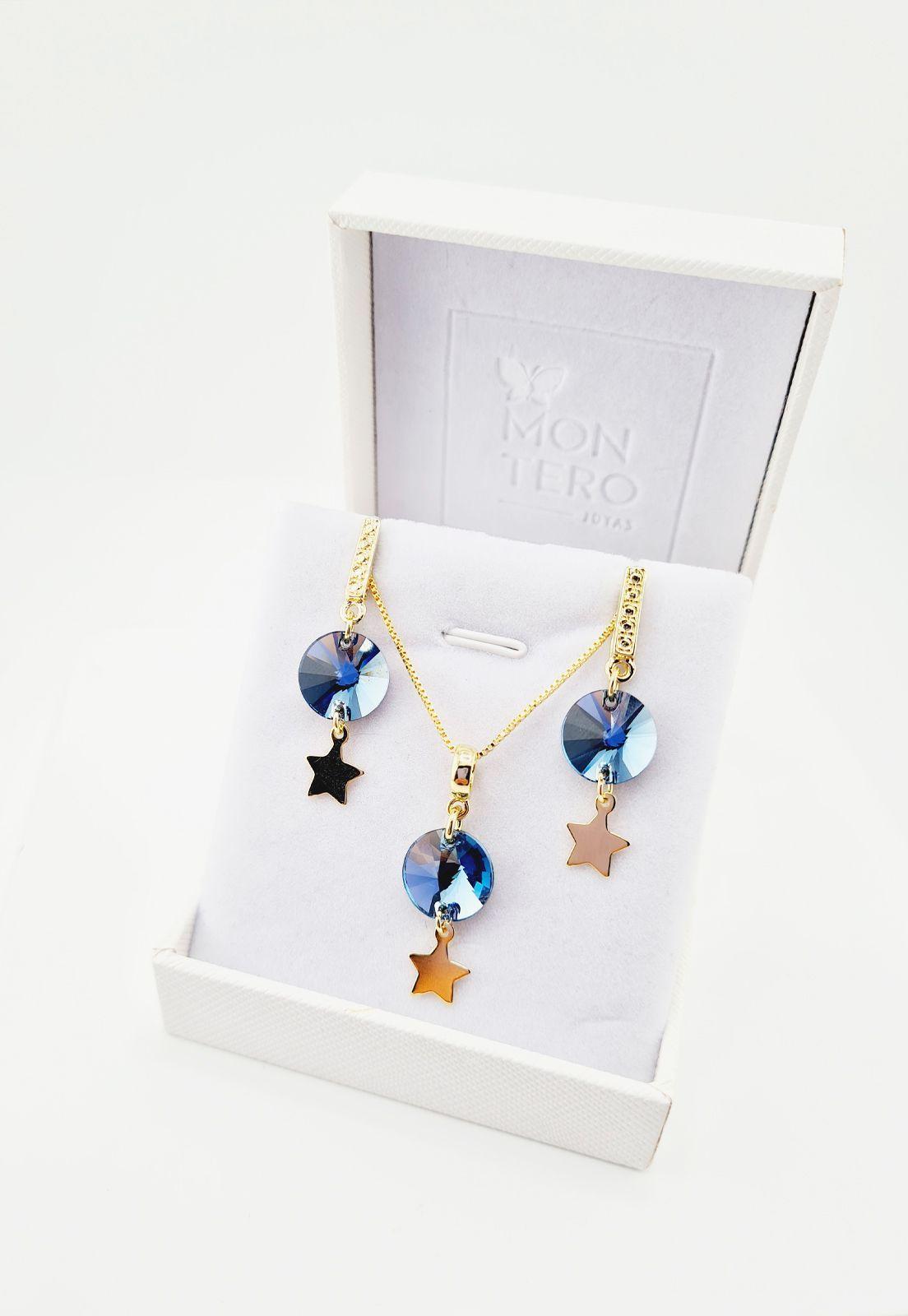 Conjunto Cosmo Gold Baño de Oro y Cristales Genuinos Denim Blue-4