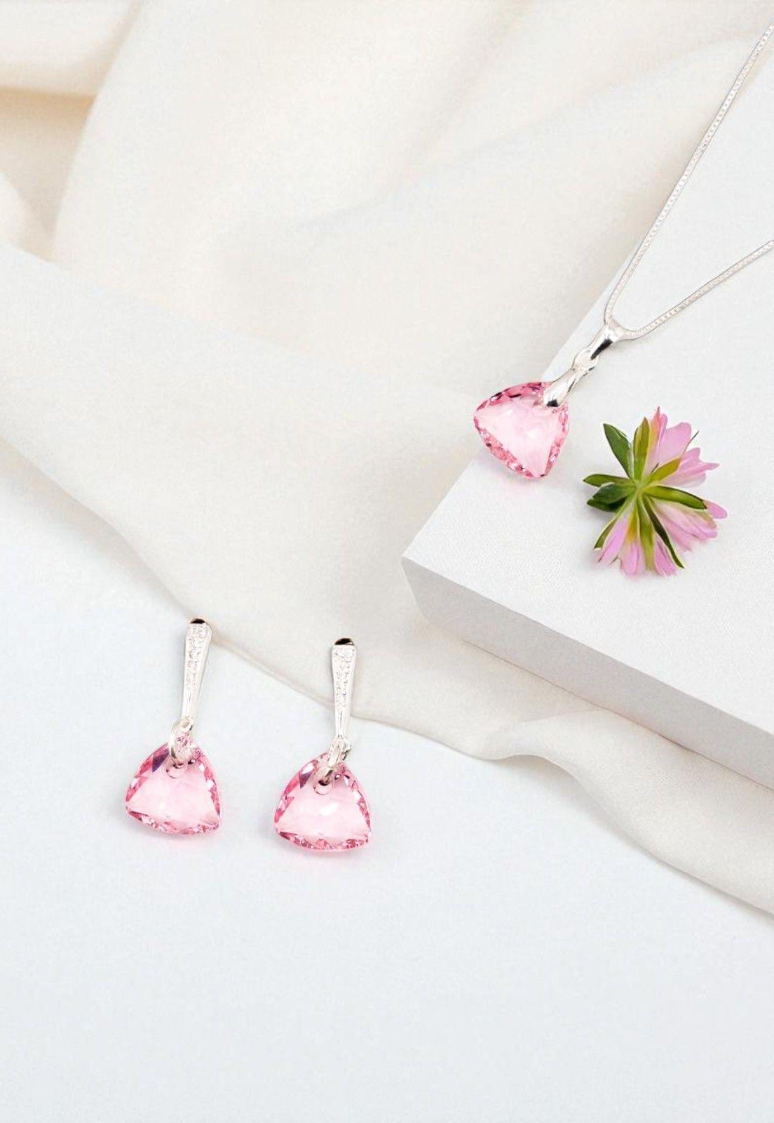 Aros + Collar Conjunto Camila Plata 925 Cristal Genuino Light Rose-2