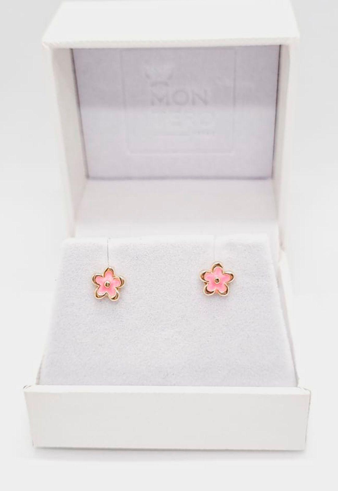 Aros Niña Flor Rosada Baño de Oro 24k-3