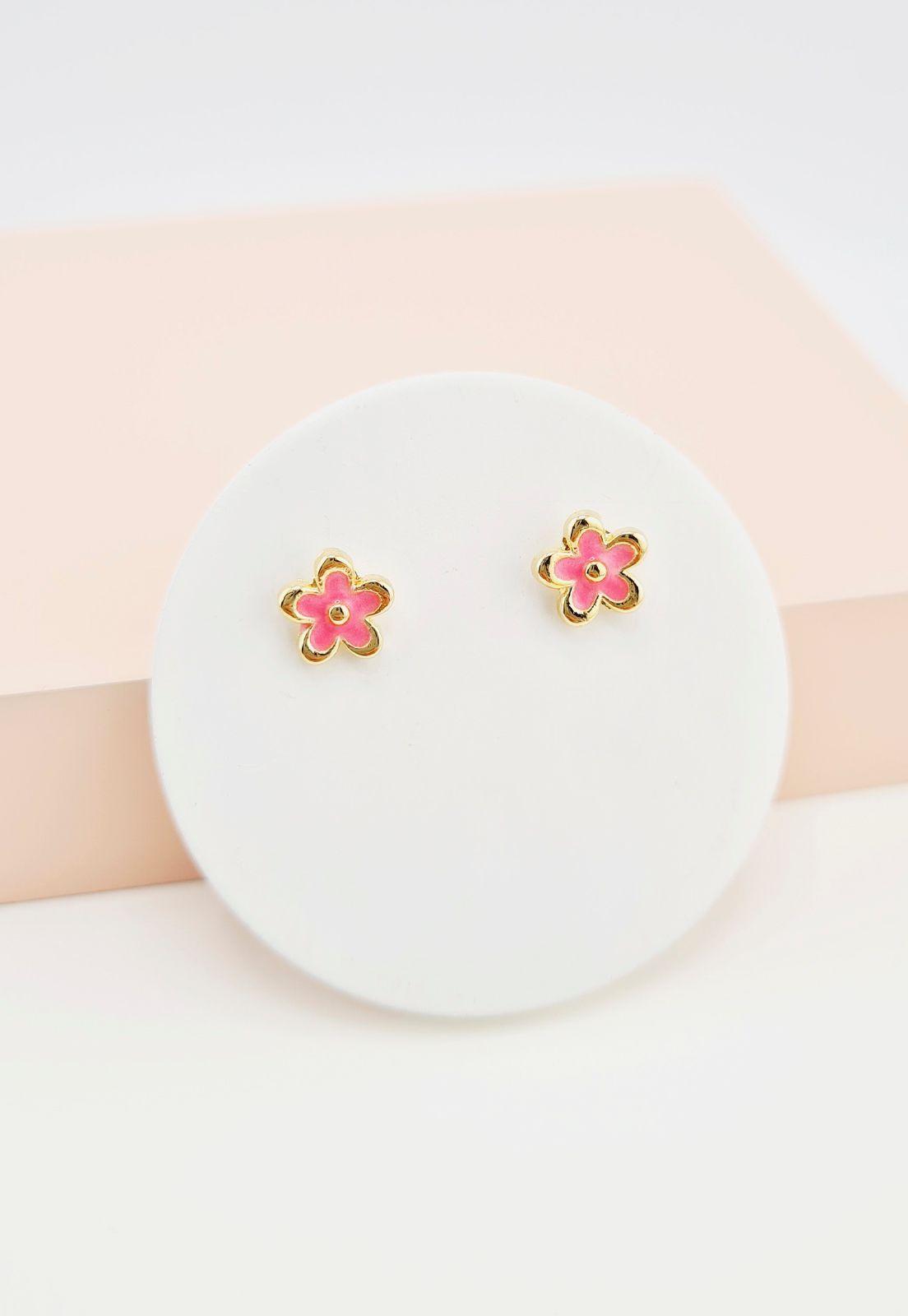 Aros Niña Flor Rosada Baño de Oro 24k-2