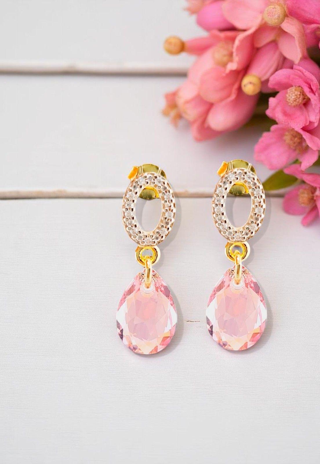 Aros Gota de Luz Gold 24K Cristal Genuino Light Rose -3
