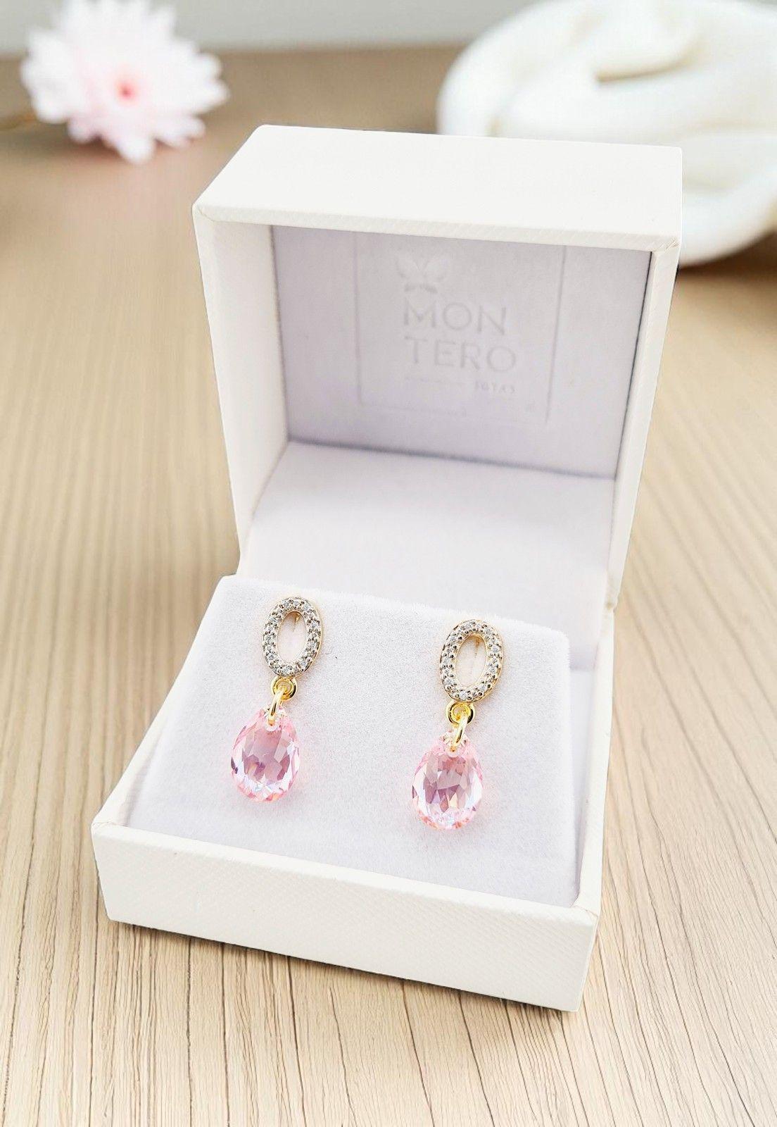 Aros Gota de Luz Gold 24K Cristal Genuino Light Rose -4