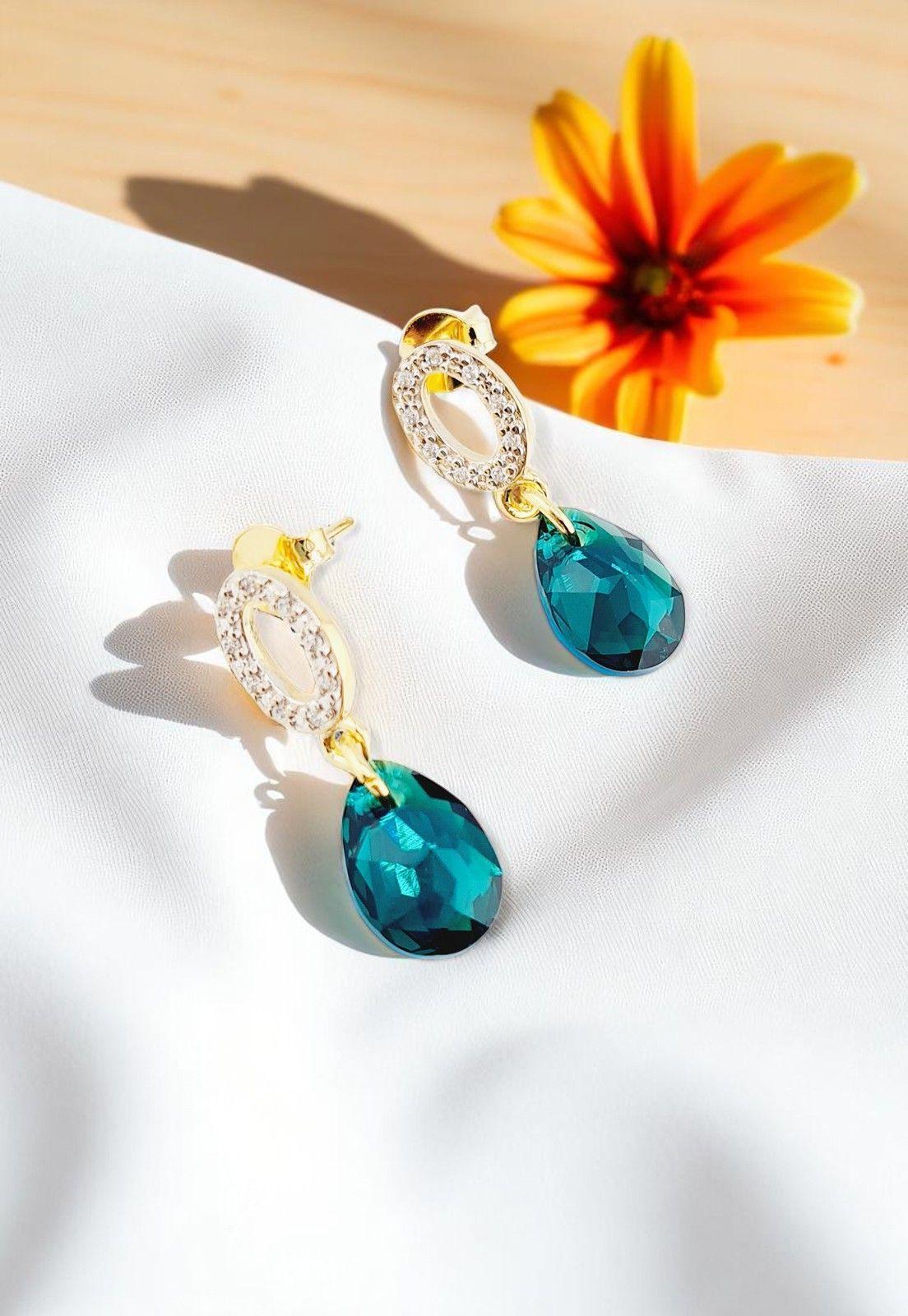 Aros Gota de Luz Gold 24K Cristal Genuino Emerald-1