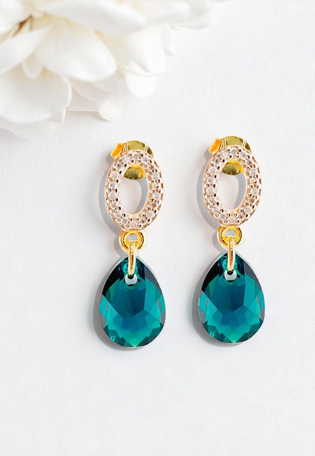 Aros Gota de Luz Gold 24K Cristal Genuino Emerald-2
