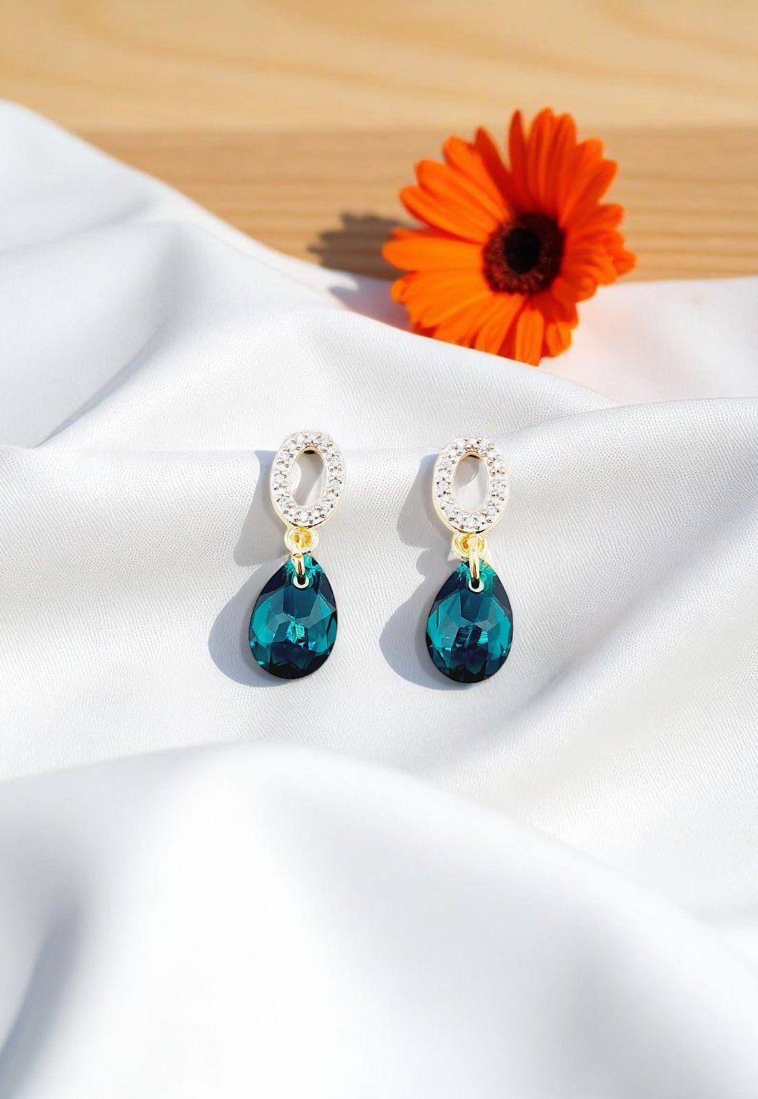 Aros Gota de Luz Gold 24K Cristal Genuino Emerald-3