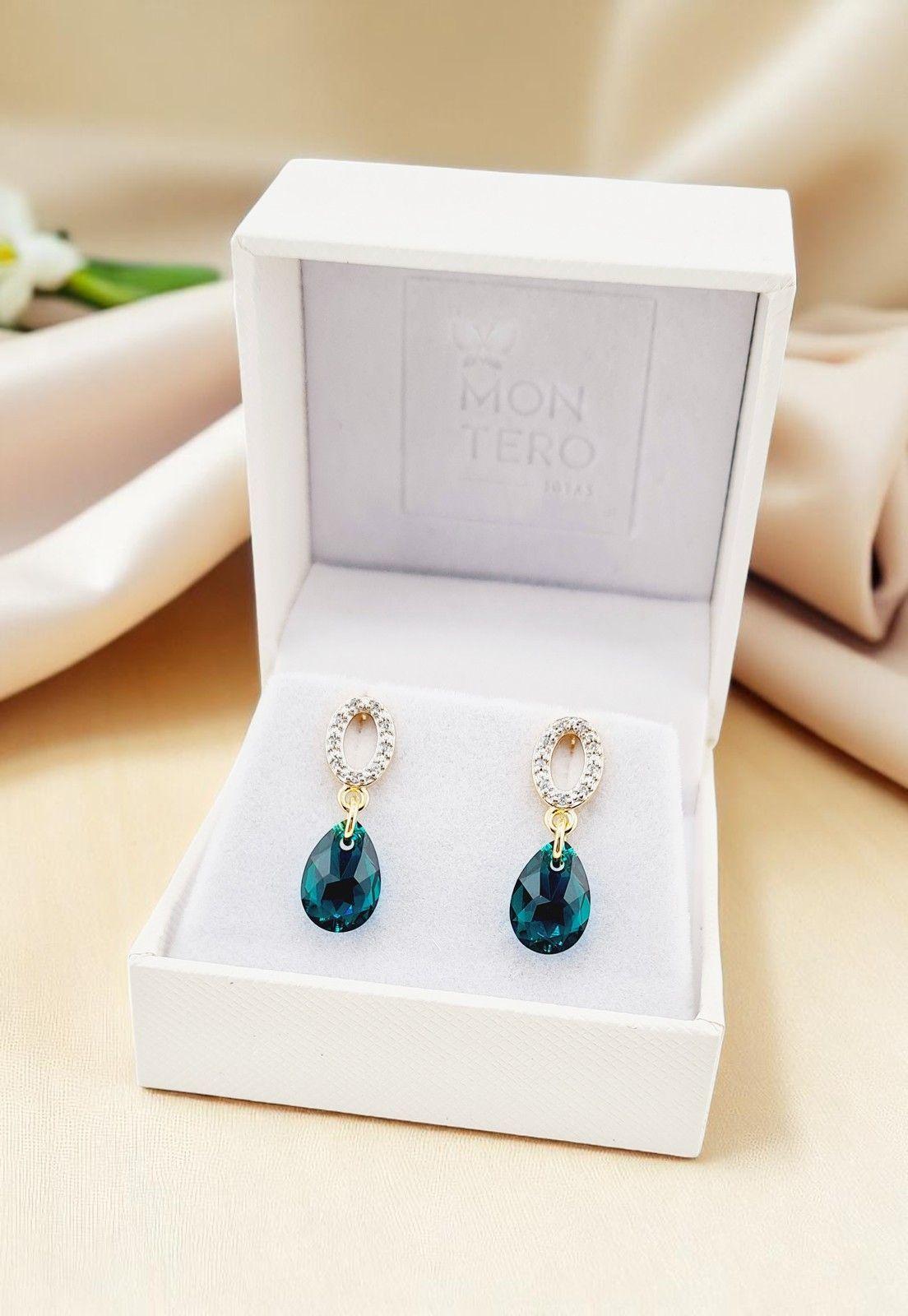 Aros Gota de Luz Gold 24K Cristal Genuino Emerald-4