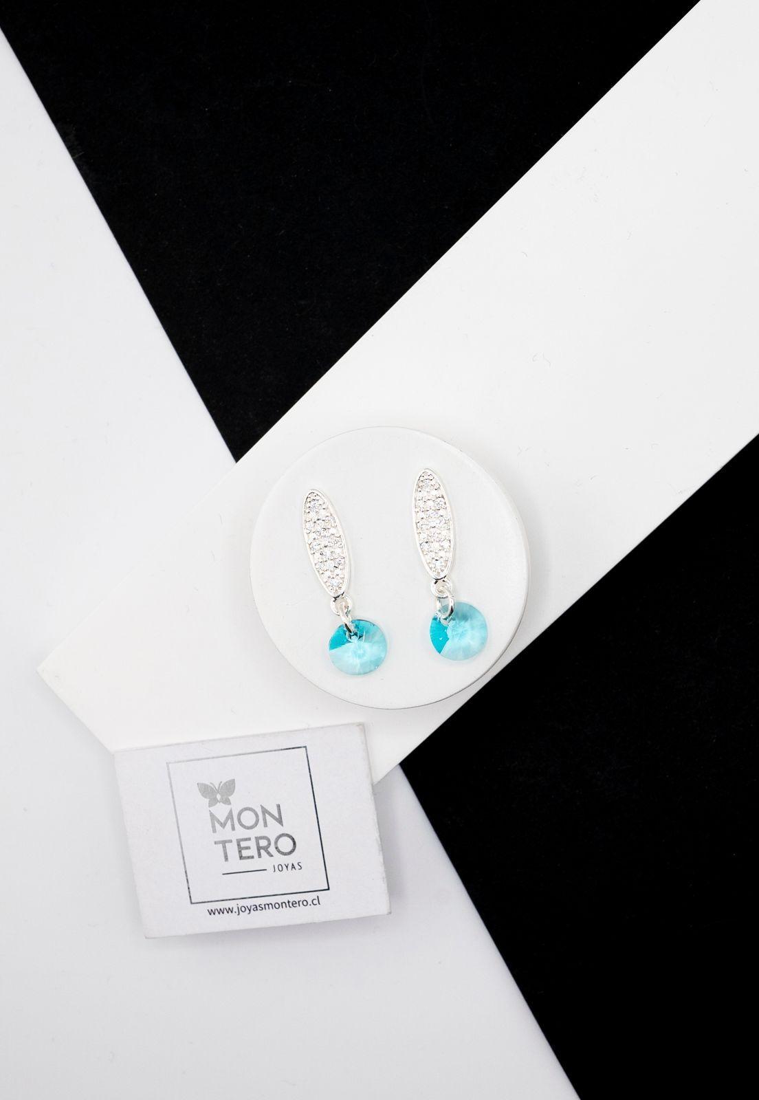 Aros Punto De Luz Baño de Oro Blanco Cristal Genuino Turequesa-1