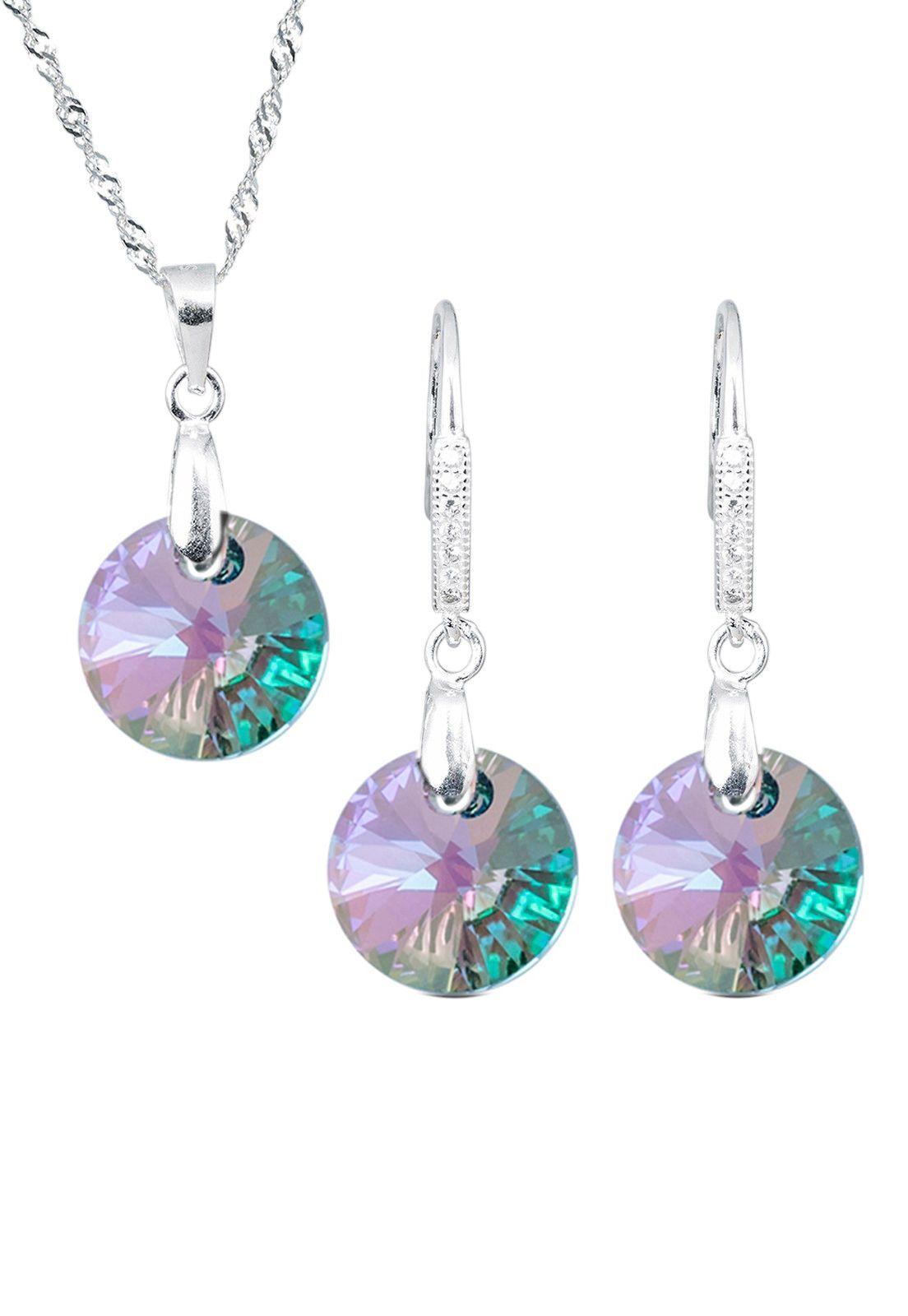 Aros + Collar Conjunto Madrid Plata 925 Cristal Genuino-0