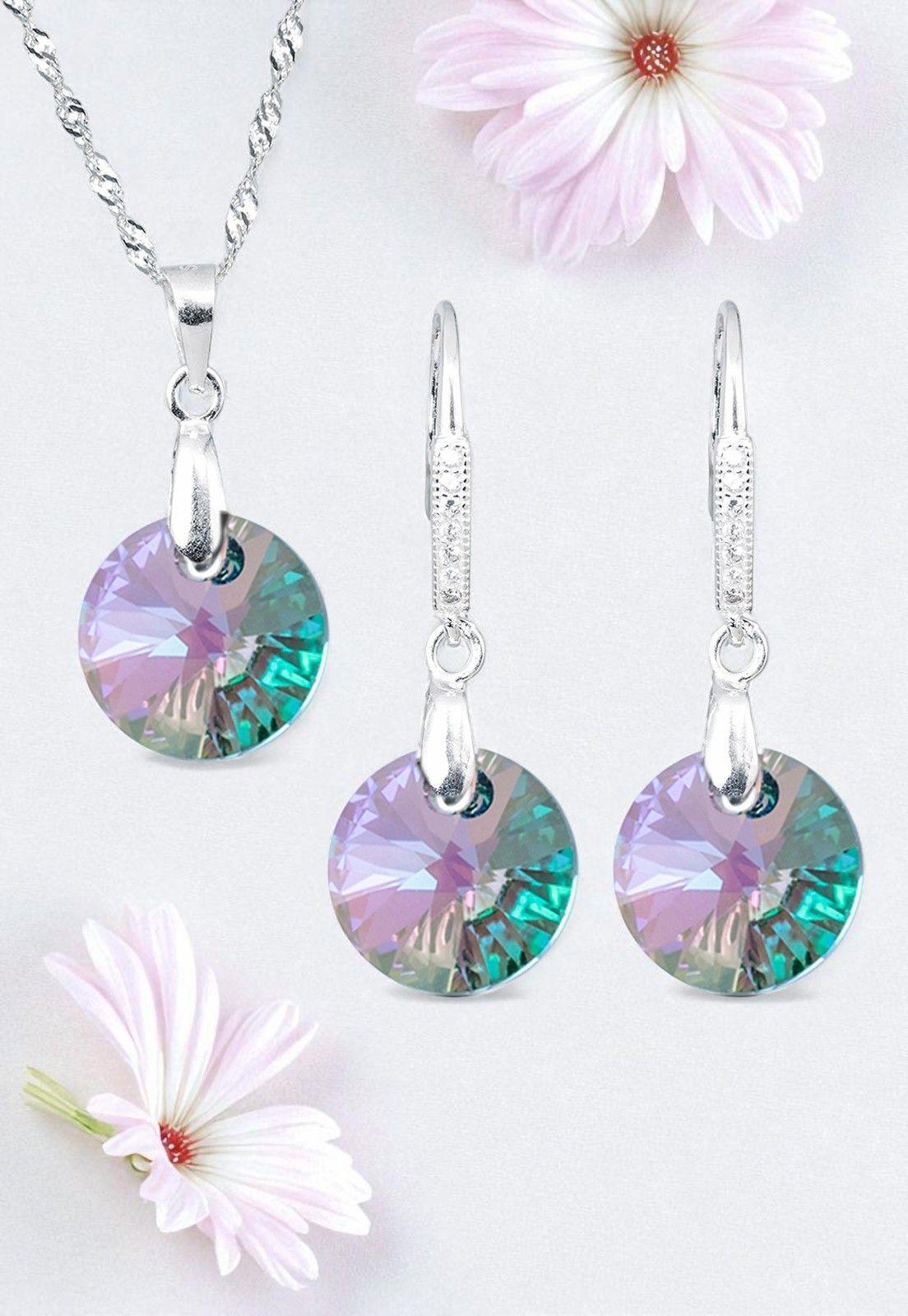 Aros + Collar Conjunto Madrid Plata 925 Cristal Genuino-1