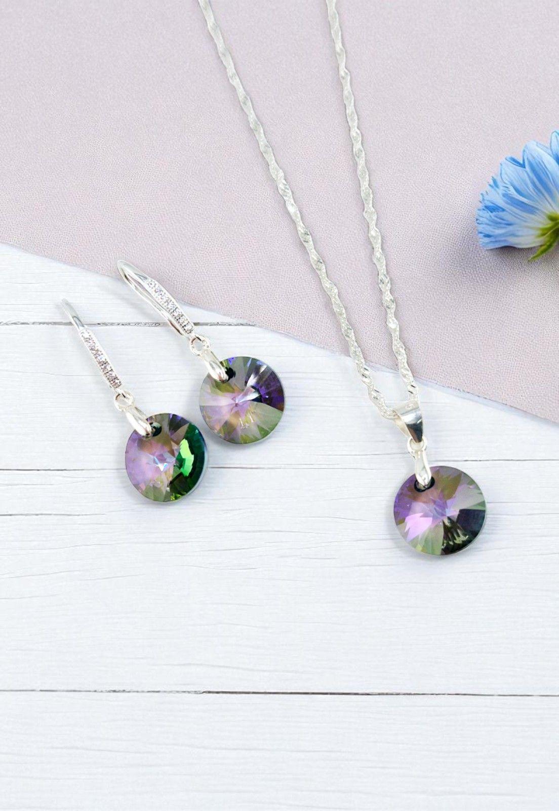 Aros + Collar Conjunto Madrid Plata 925 Cristal Genuino-2
