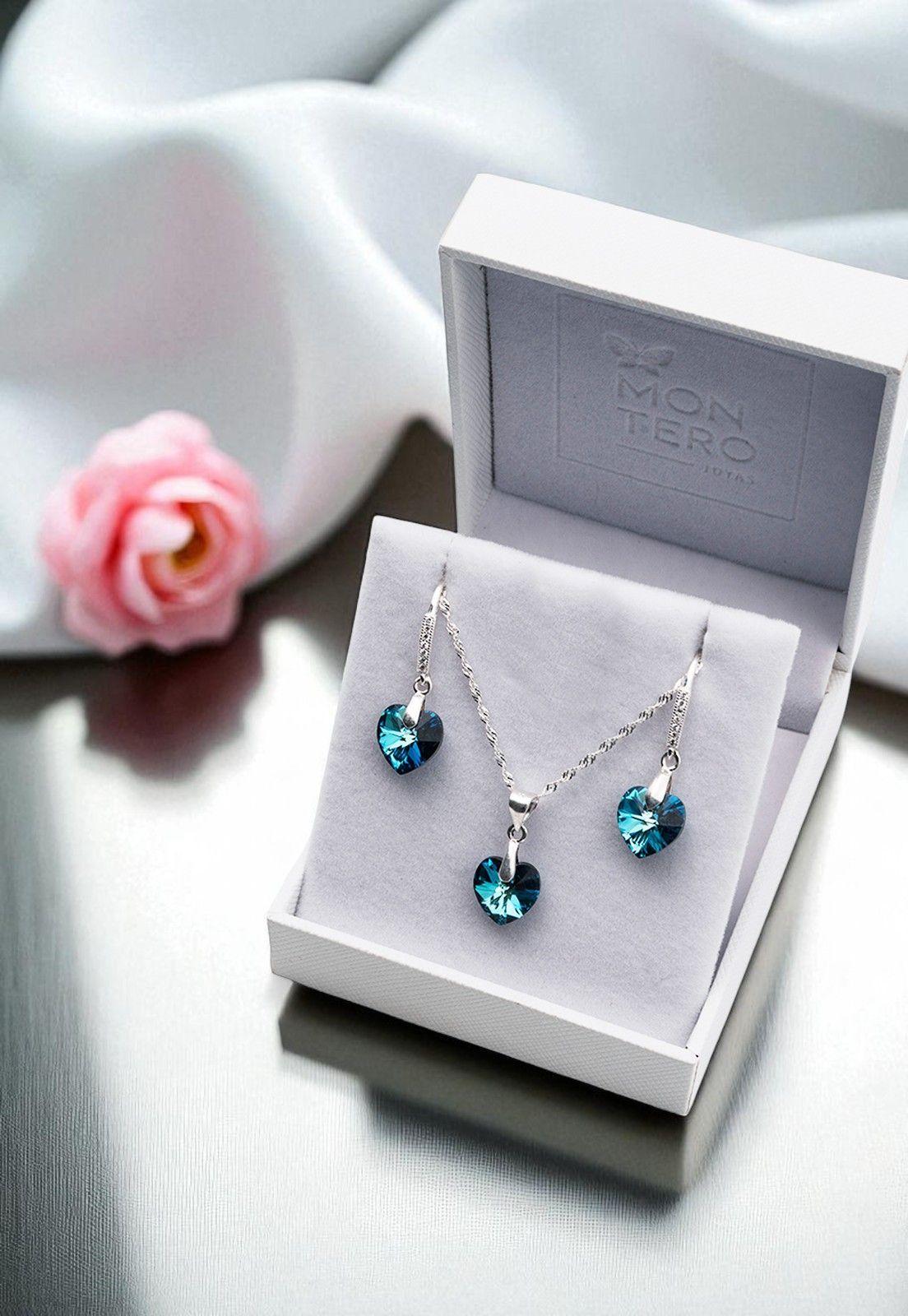 Conjunto Romance Plata Italiana 925 Cristal Genuino Bermuda Blue-3