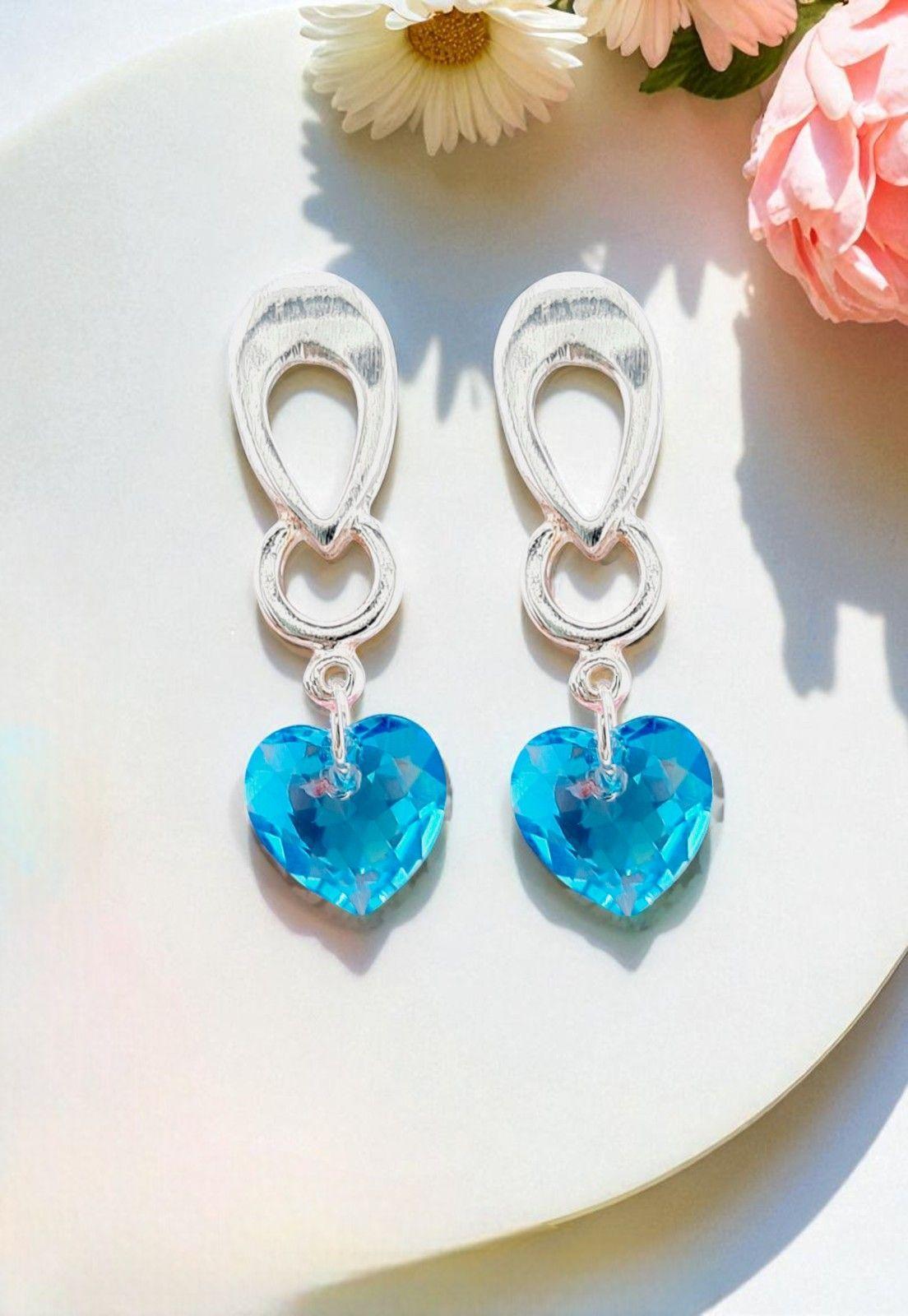Aros Amor Baño de Oro de Blanco Cristales Aquamarine Shimmer.-1