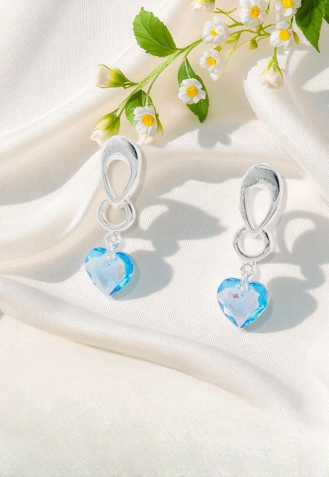 Aros Amor Baño de Oro de Blanco Cristales Aquamarine Shimmer.-2