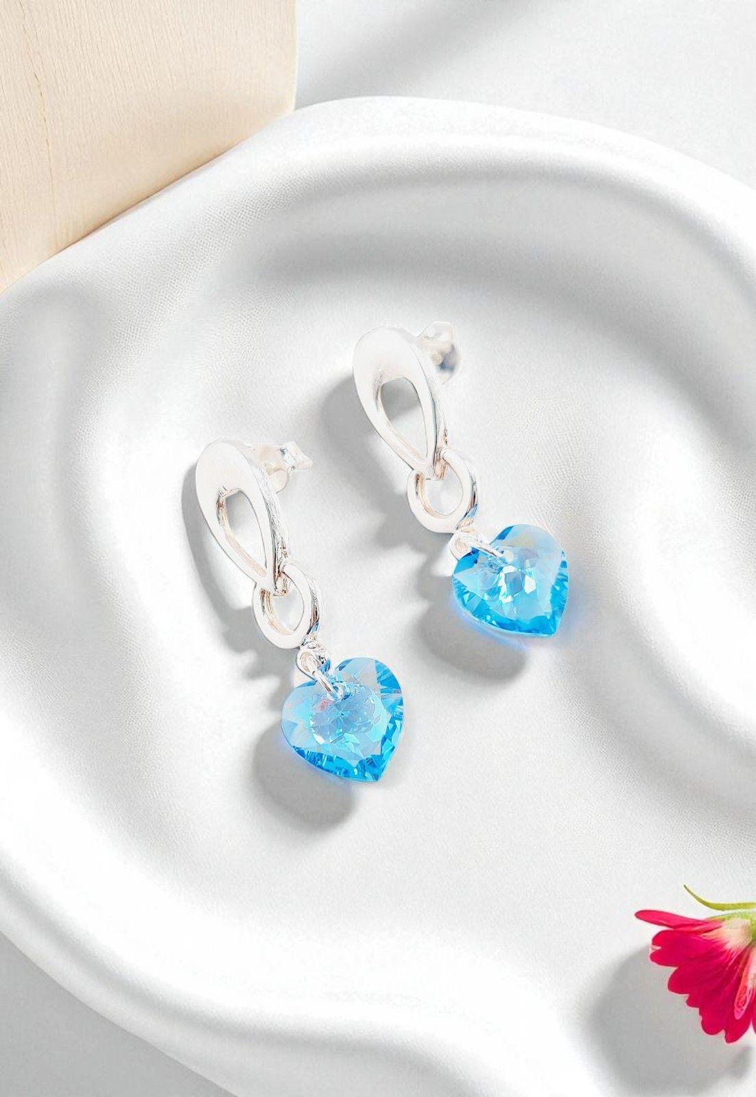 Aros Amor Baño de Oro de Blanco Cristales Aquamarine Shimmer.-3