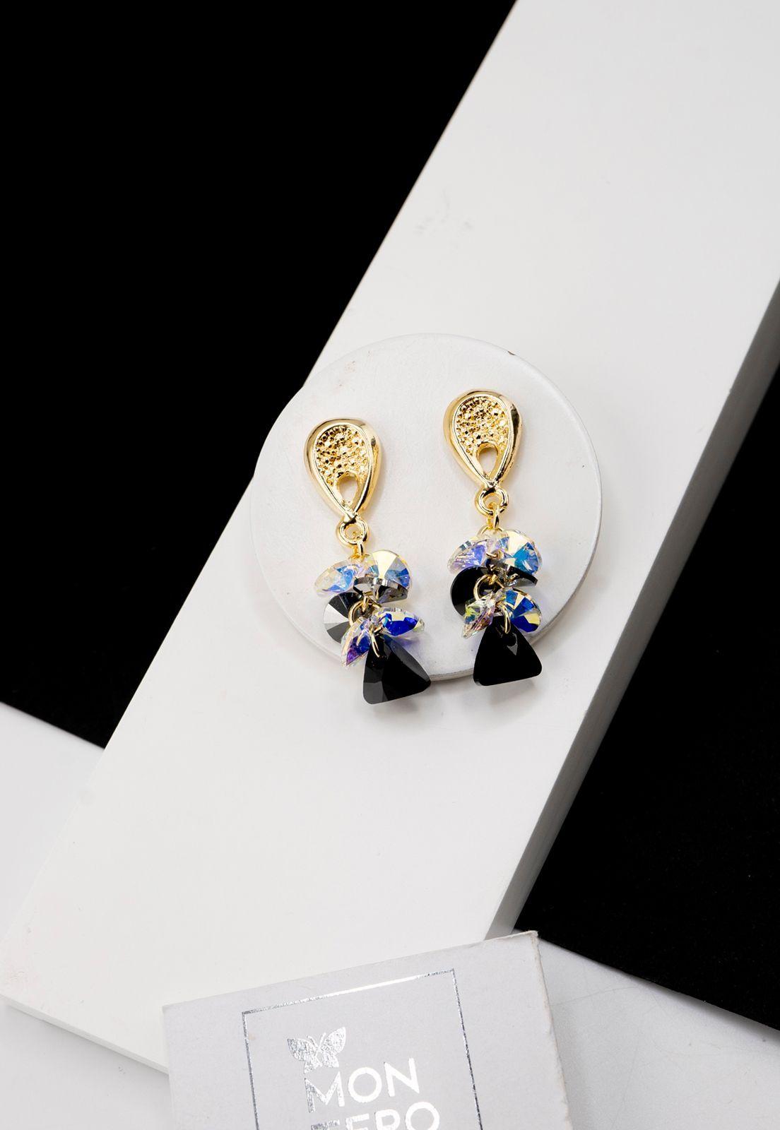 Aros Magnolia Baño de Oro 24k y Cristales Silver Night-1