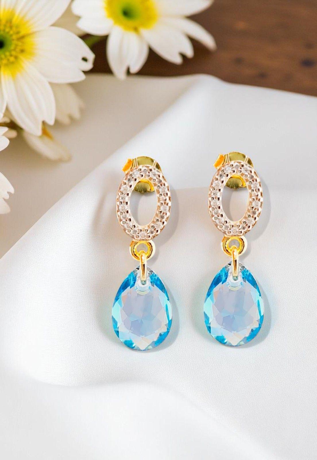 Aros Gota de Luz Gold 24K Cristal Genuino  Aquamarine -1