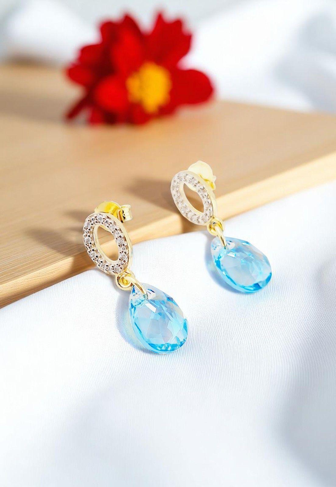 Aros Gota de Luz Gold 24K Cristal Genuino  Aquamarine -2