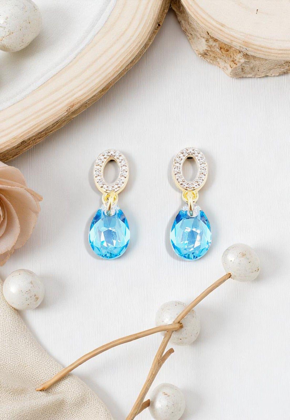 Aros Gota de Luz Gold 24K Cristal Genuino  Aquamarine -3
