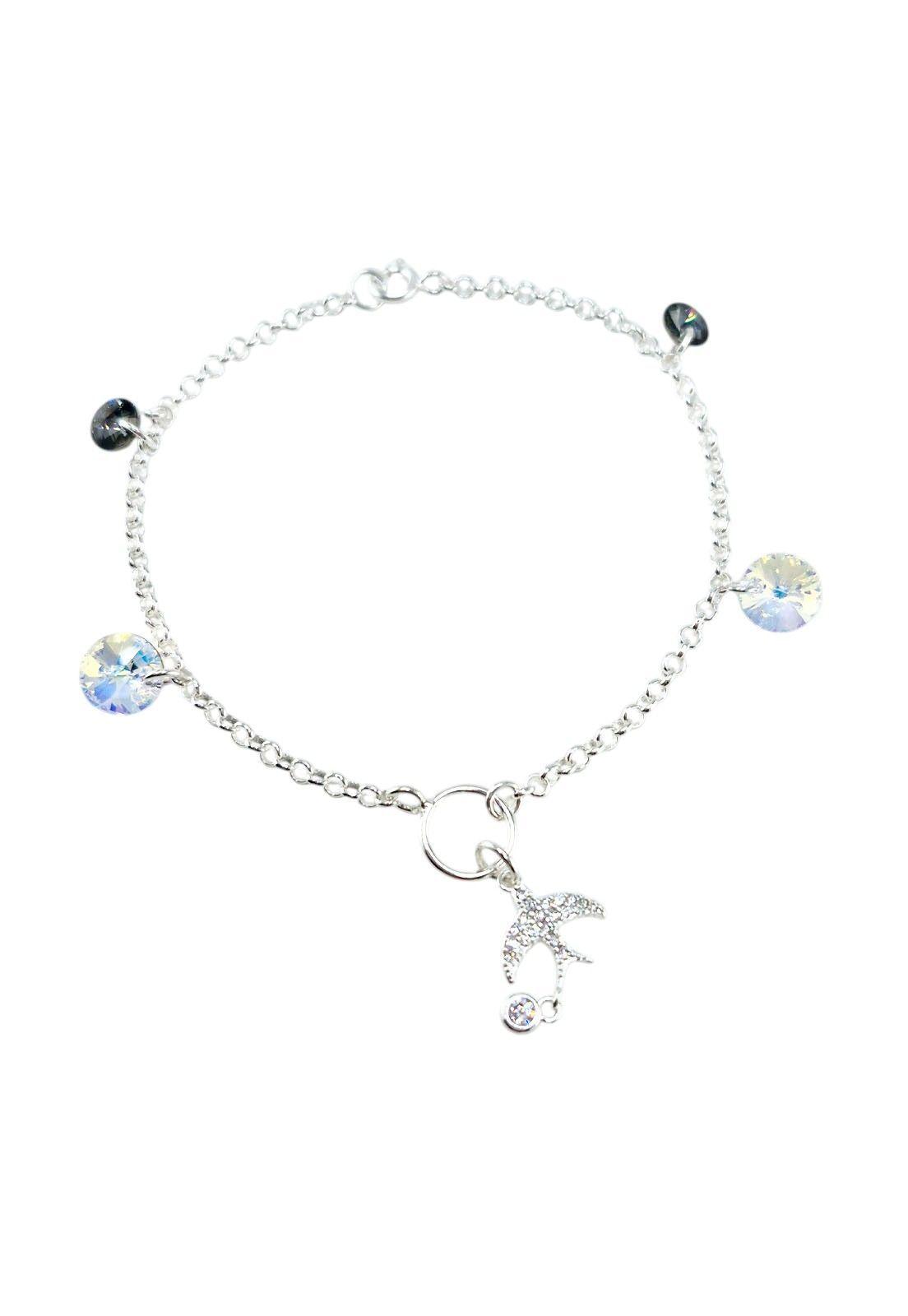 Pulsera Golondrina Plata Italiana 925 Cristal Genuino Aurora Boreal y Silver Night-0