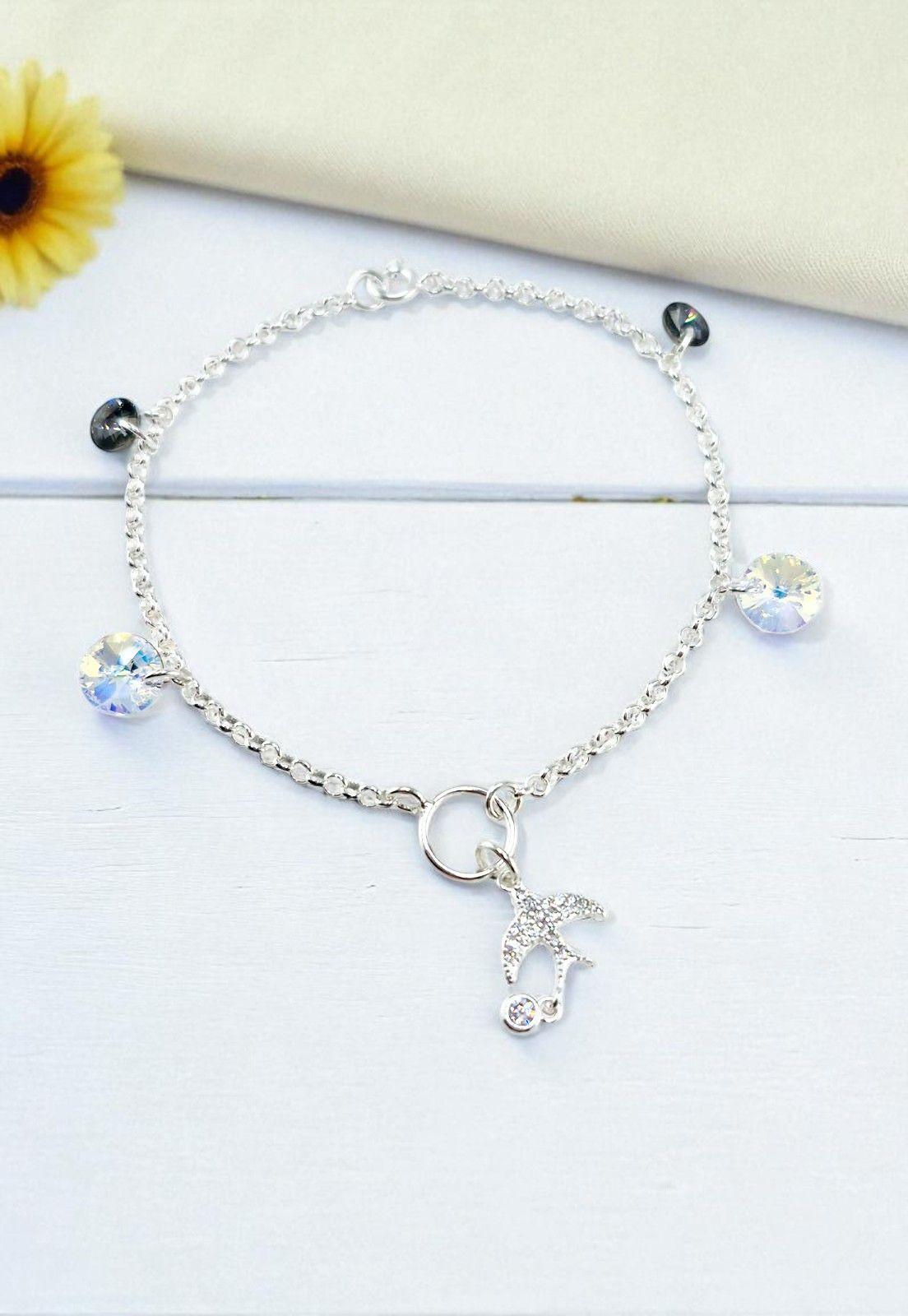 Pulsera Golondrina Plata Italiana 925 Cristal Genuino Aurora Boreal y Silver Night-1