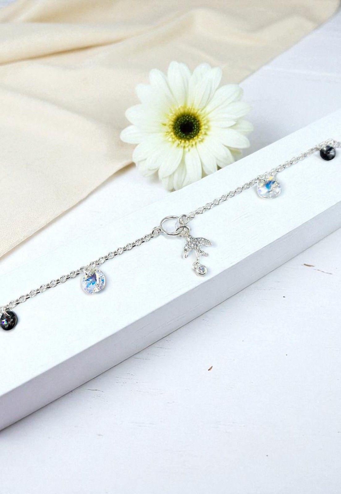 Pulsera Golondrina Plata Italiana 925 Cristal Genuino Aurora Boreal y Silver Night-2