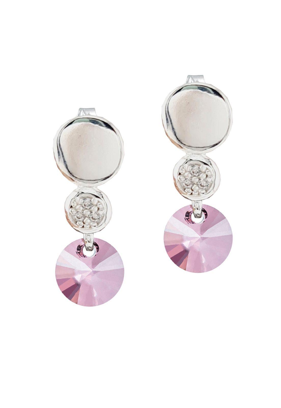 Aros Punto de Luz Baño de Oro Blanco Cristales Antique Pink.-0