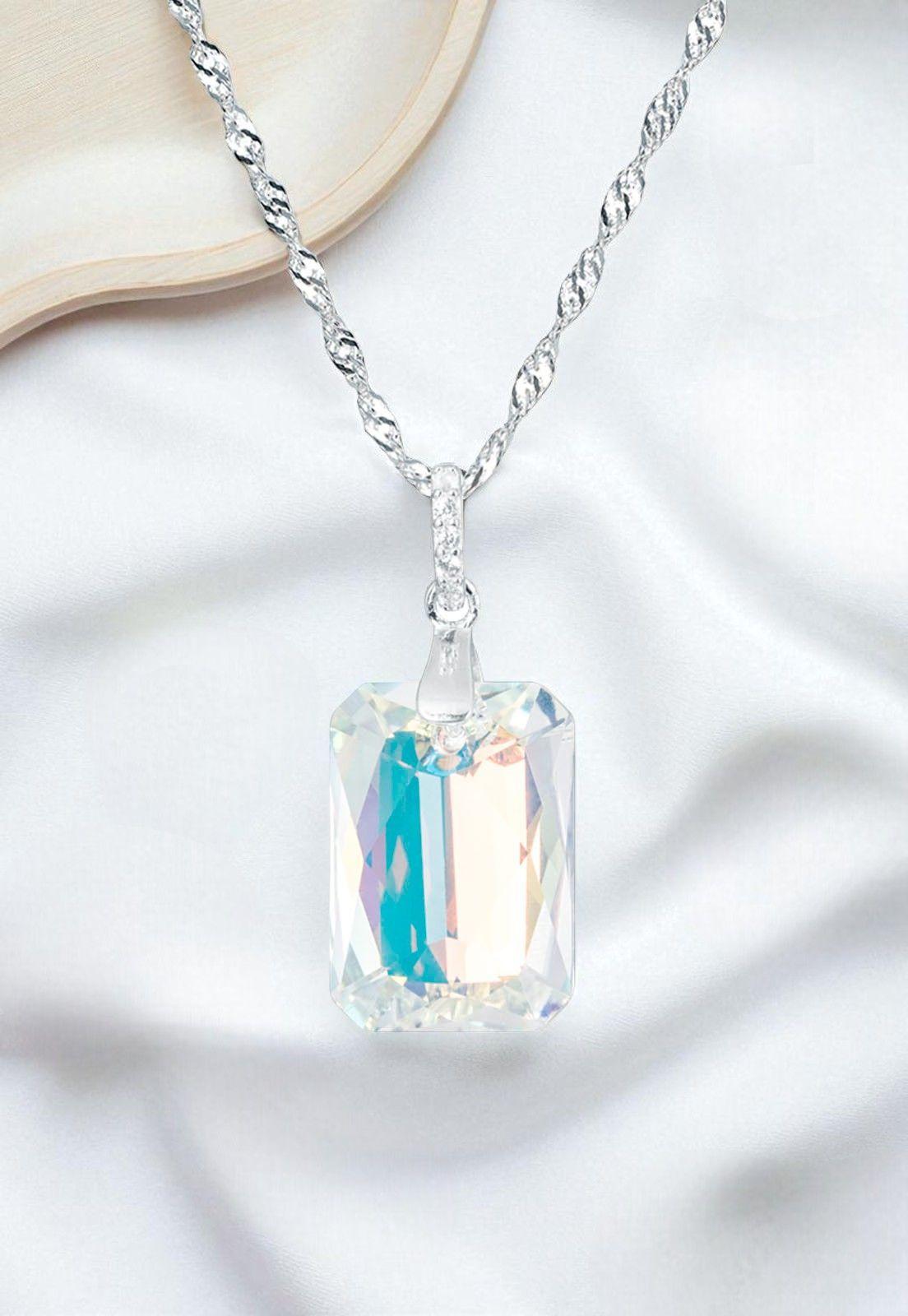 Collar Gran Estefania Plata Italiana 925 Cristal Genuino Aurora Boreal-1