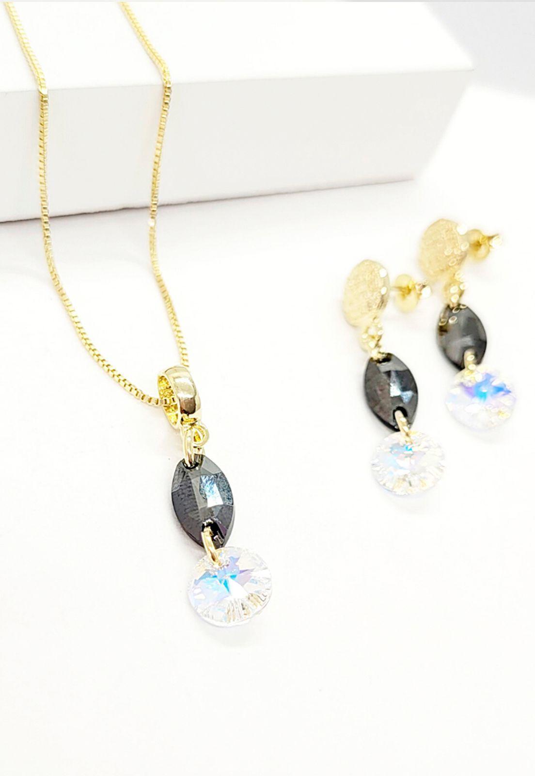 Conjunto Delhi Gold Cristales Genuinos Aurora Boreal & Jet -1