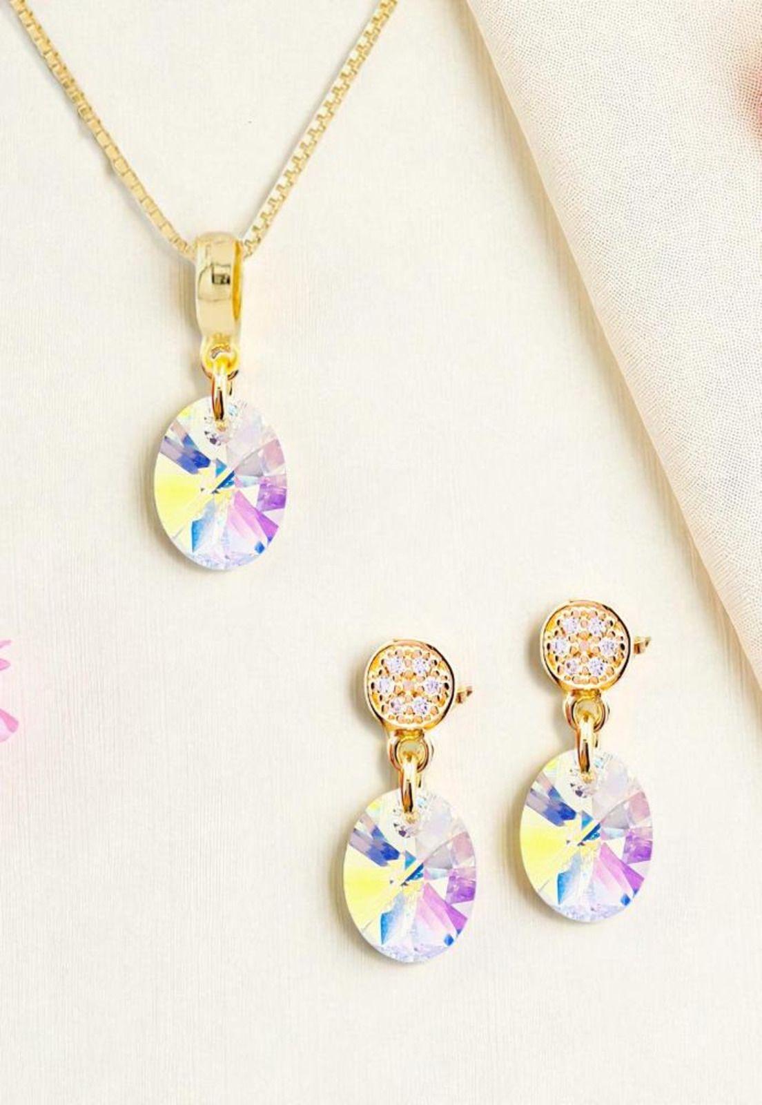 Conjunto Praga Gold 24K Cristal Swarovski® Aurora Boreal-5