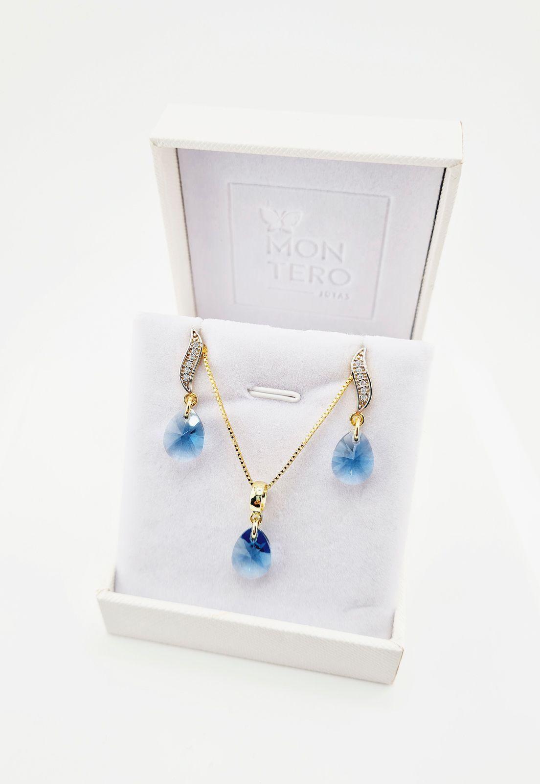 Conjunto Encanto Gold Baño de Oro y Cristales Genuinos Denim Blue-4