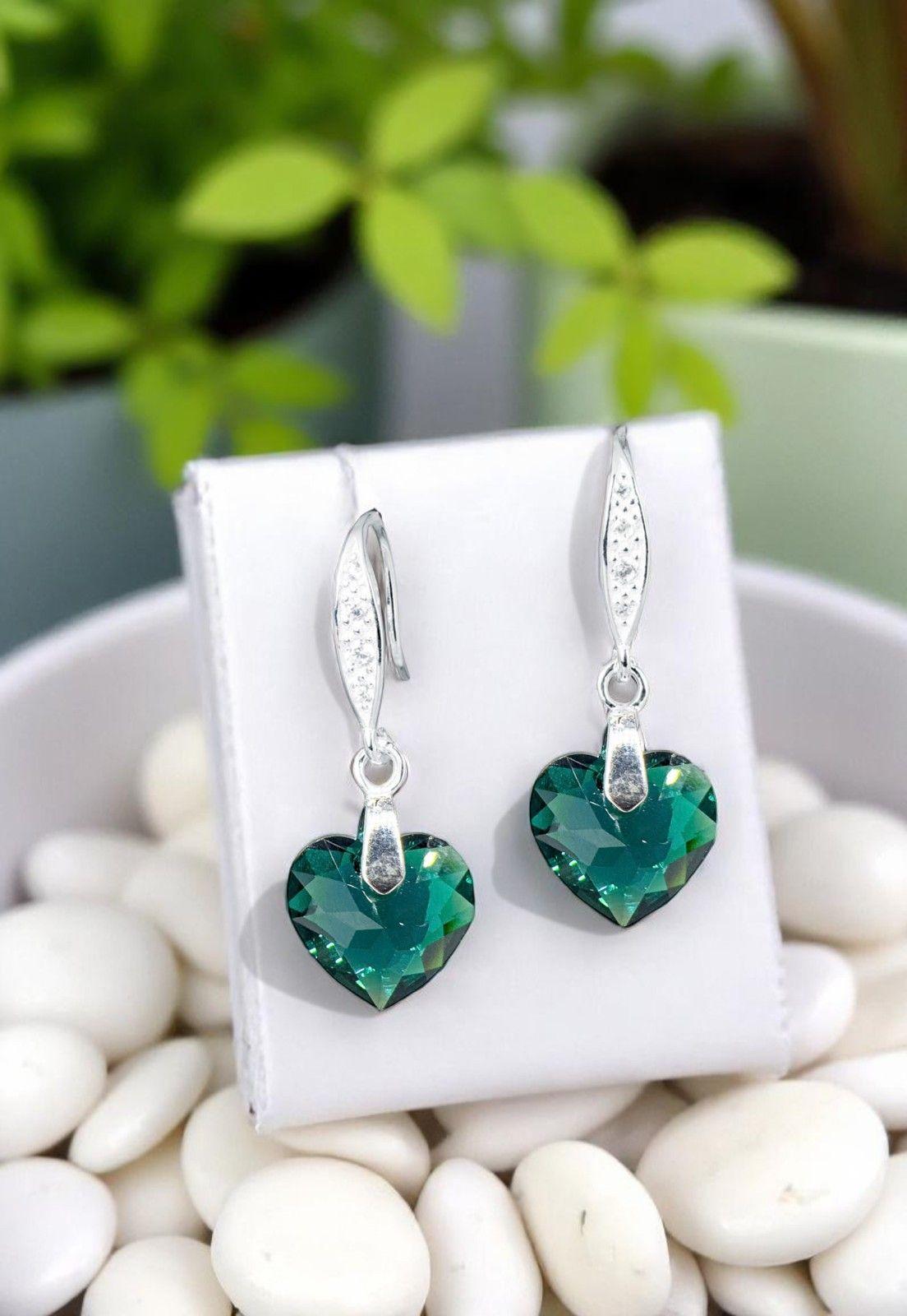 Aros Amor Plata Italiana 925 Cristal Genuino Emerald Shimmer-2