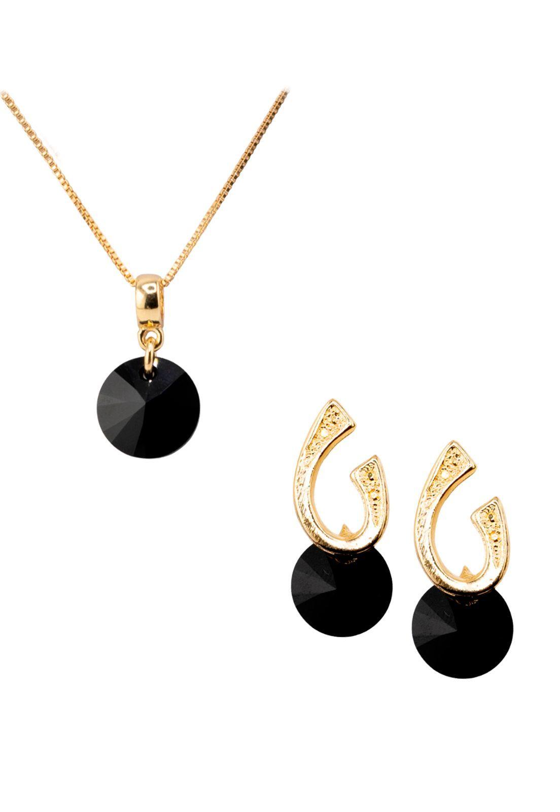 Conjunto Fernanda Baño de Oro 24k y Cristales Genuinos Jet-0