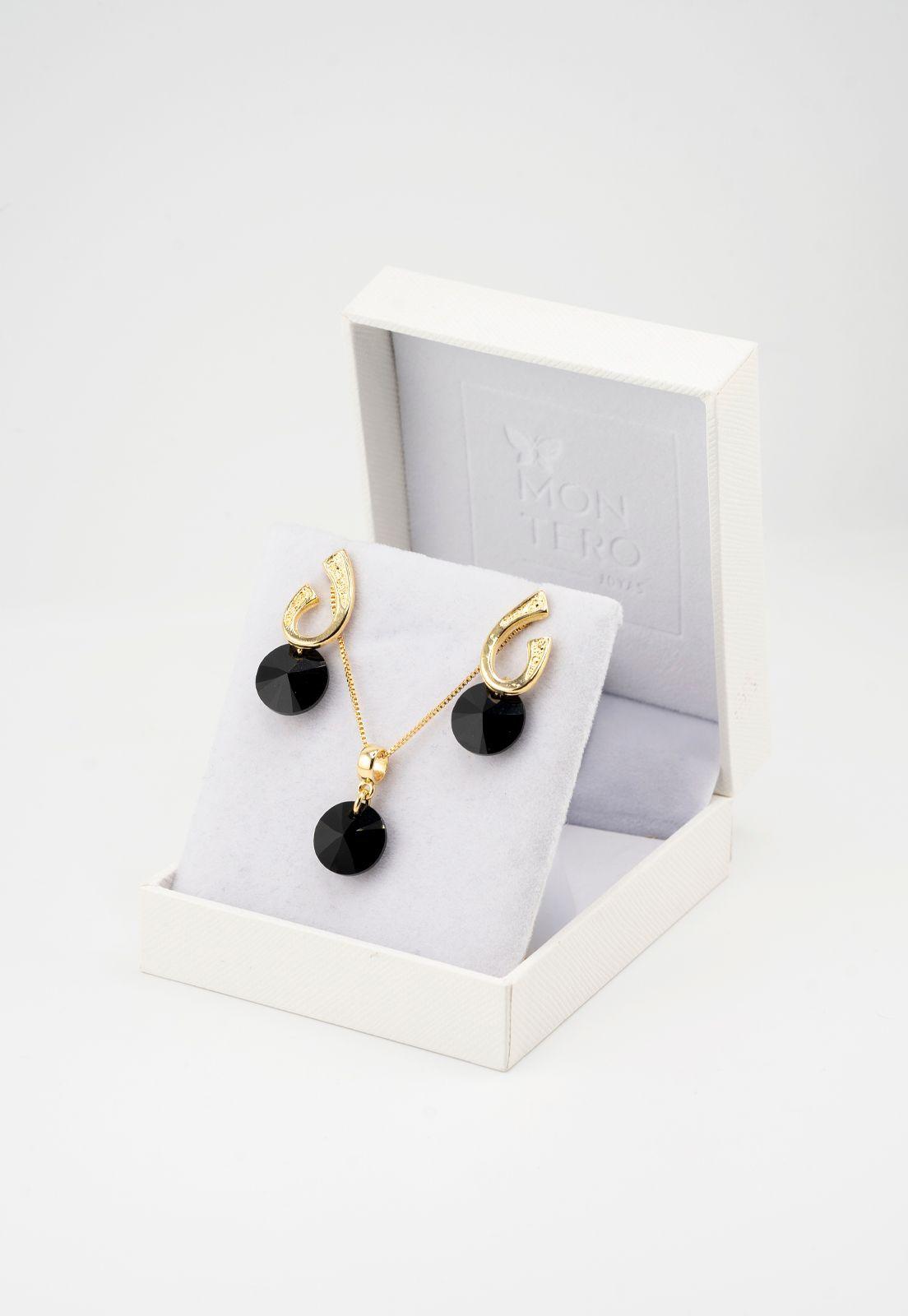 Conjunto Fernanda Baño de Oro 24k y Cristales Genuinos Jet-2
