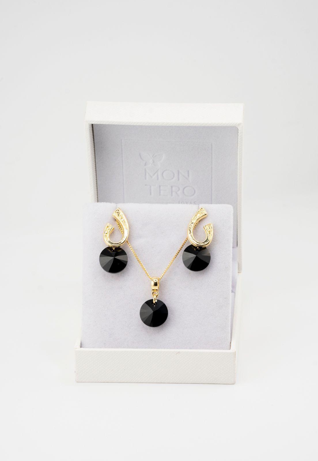 Conjunto Fernanda Baño de Oro 24k y Cristales Genuinos Jet-3