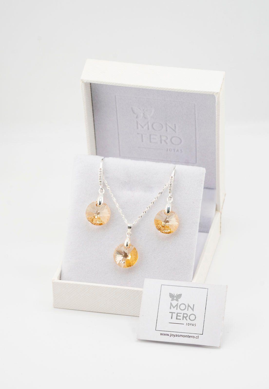 Conjunto Madrid Plata Italiana 925  Cristal Genuino Golden -2