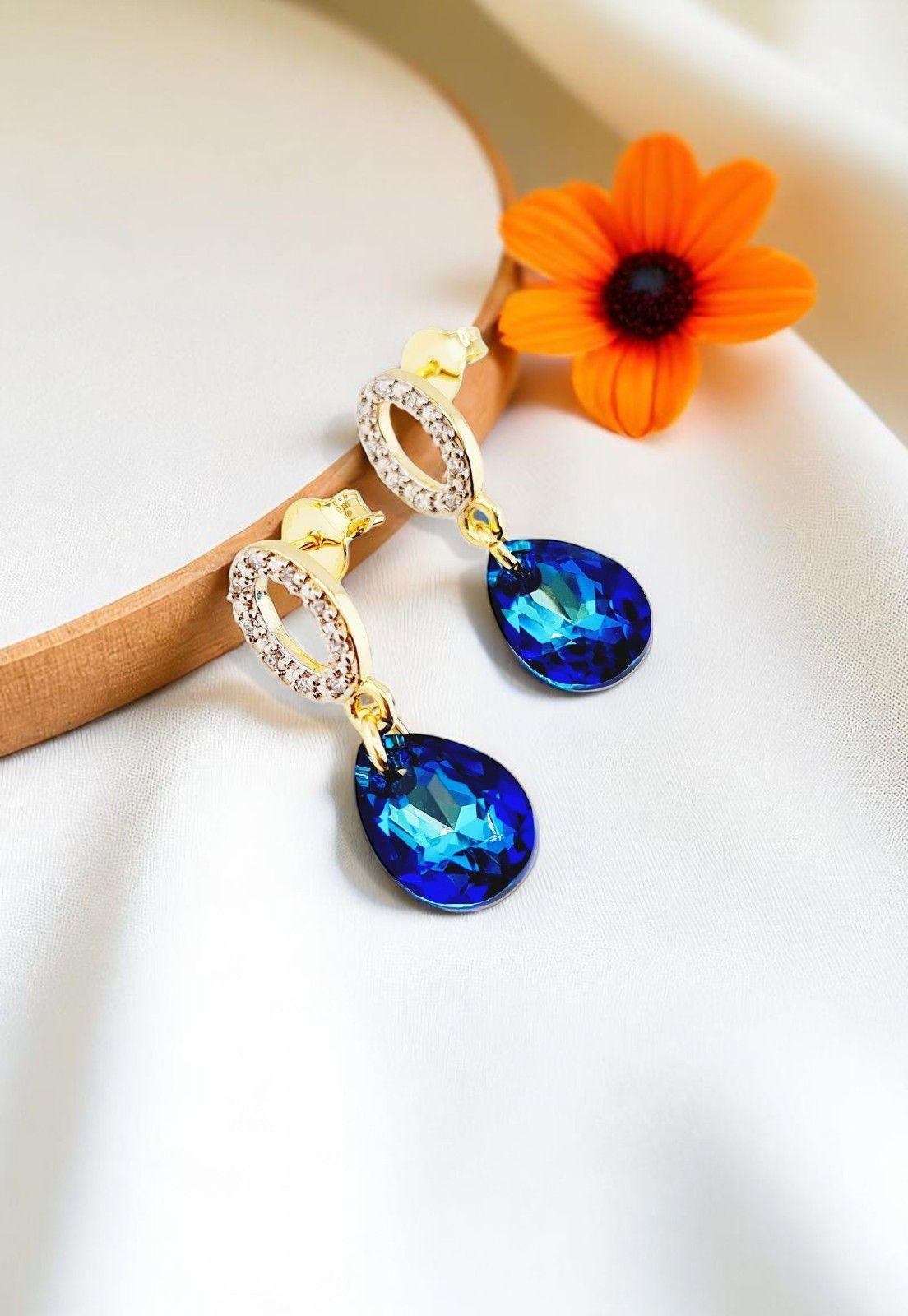 Aros Gota de Luz Gold 24K Cristal Genuino Bermuda Blue-2
