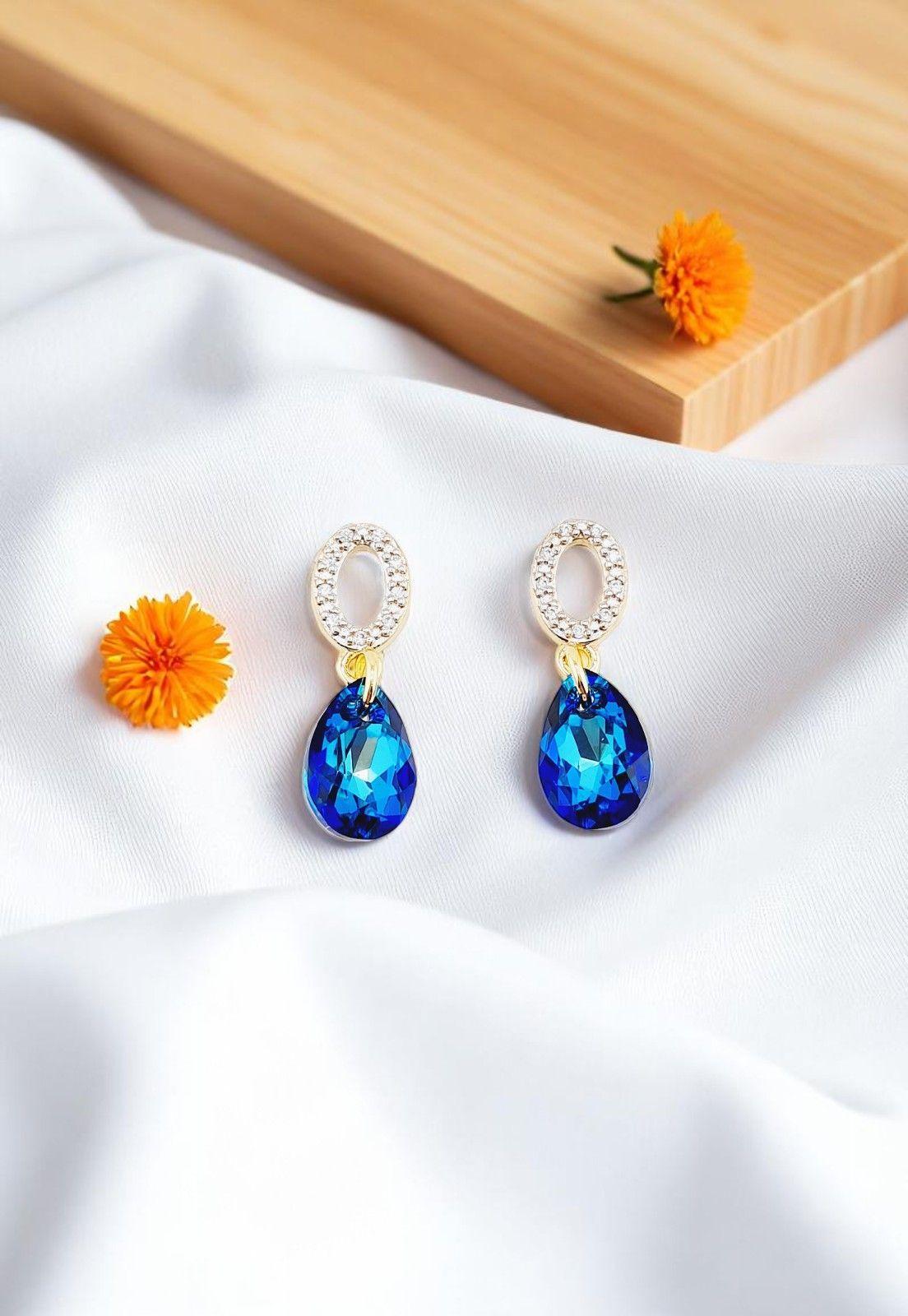 Aros Gota de Luz Gold 24K Cristal Genuino Bermuda Blue-3