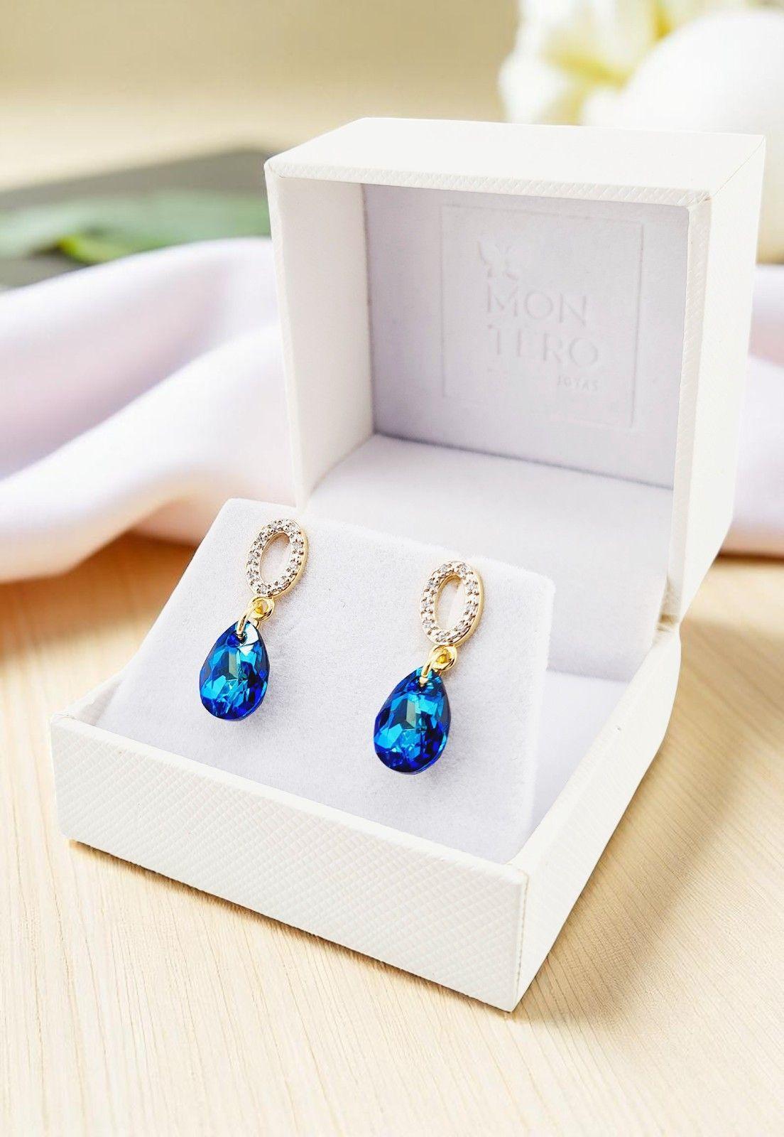 Aros Gota de Luz Gold 24K Cristal Genuino Bermuda Blue-4