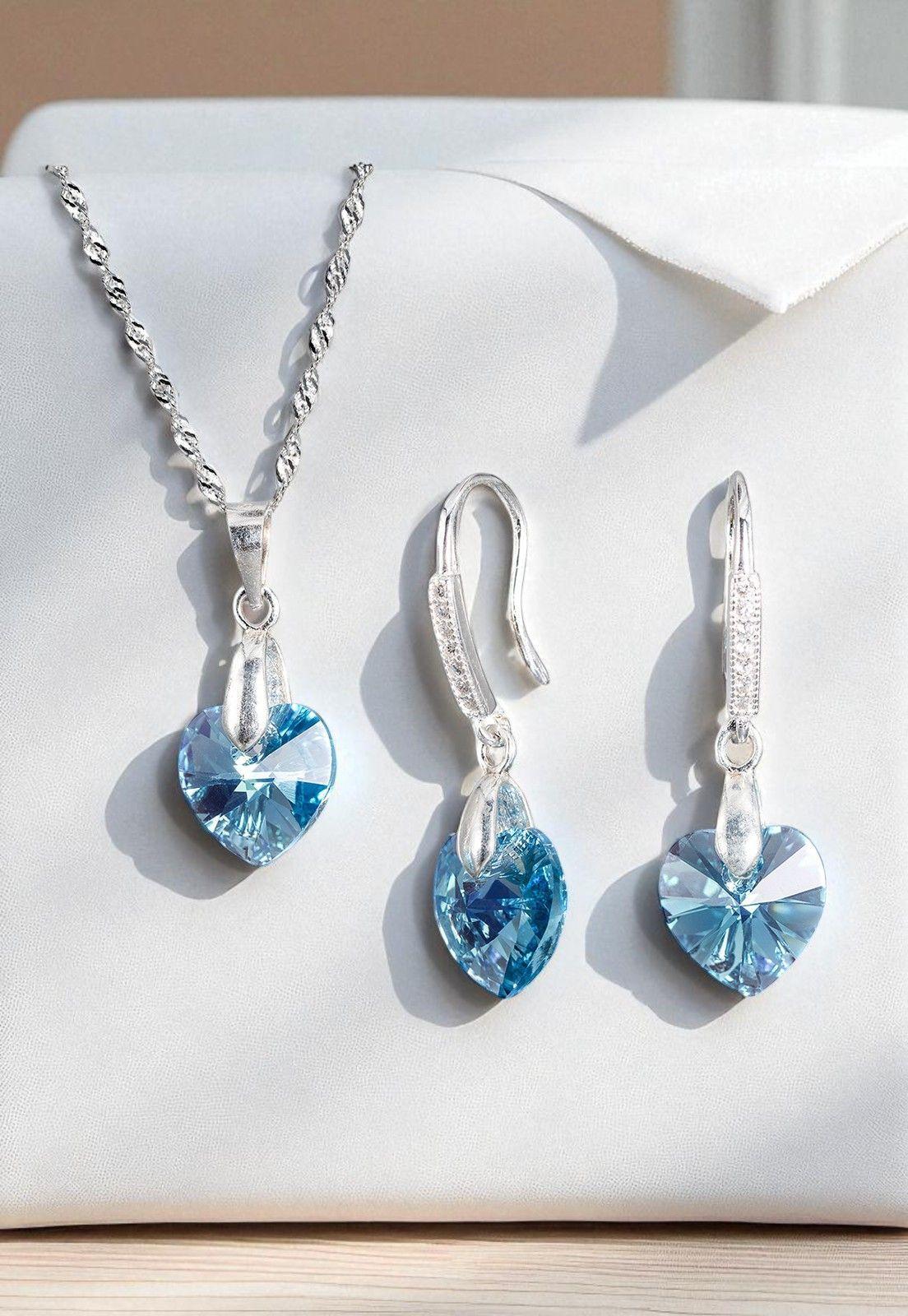 Conjunto Romance Plata Italiana 925 Cristal Genuino  Aquamarine-2