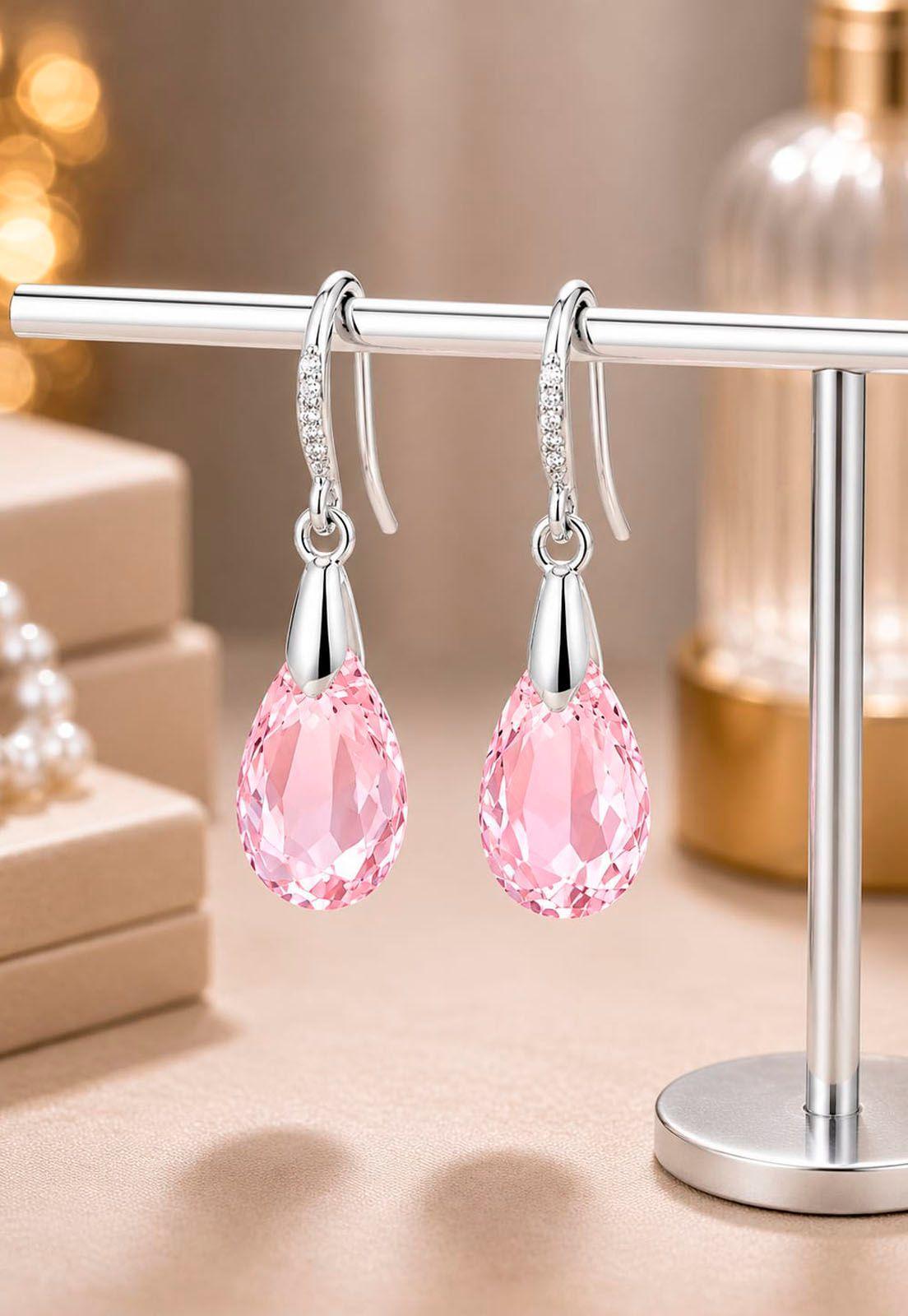 Aros Gota de Luz Plata Italiana 925 Cristal Genuino Rose Shimmer-3
