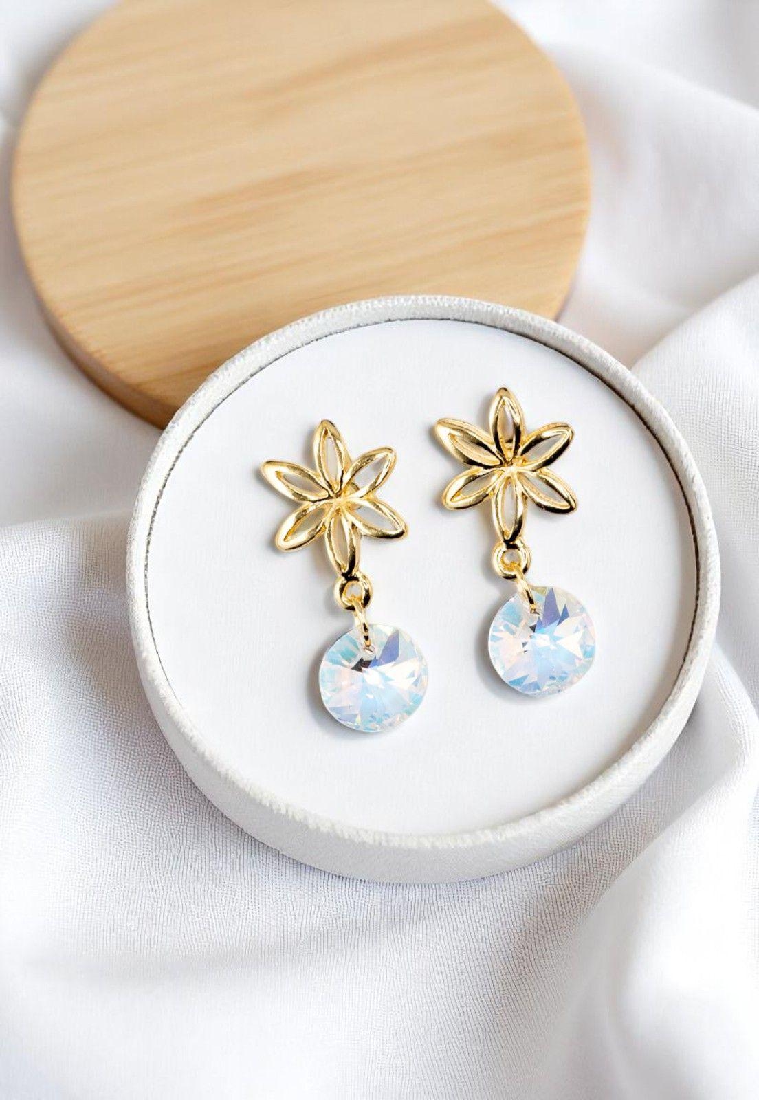 Aros Elsa Baño de Oro 24k y Cristales Genuinos Aurora Boreal-2